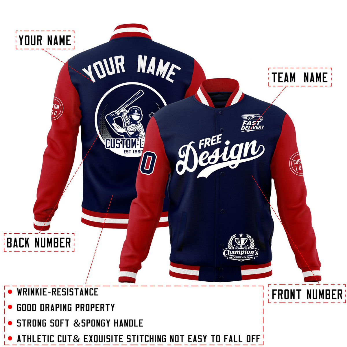 Custom Navy Red White Classic Style Full-Snap Breathable Jacket| KXKSHOP