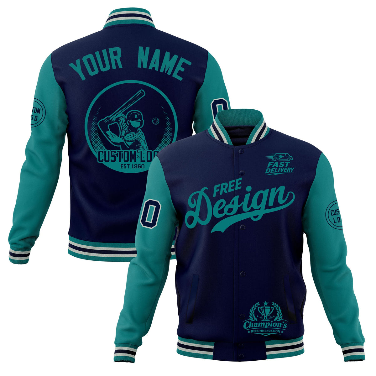 Custom Navy Teal Gray Classic Style Full-Snap Breathable Jacket| KXKSHOP