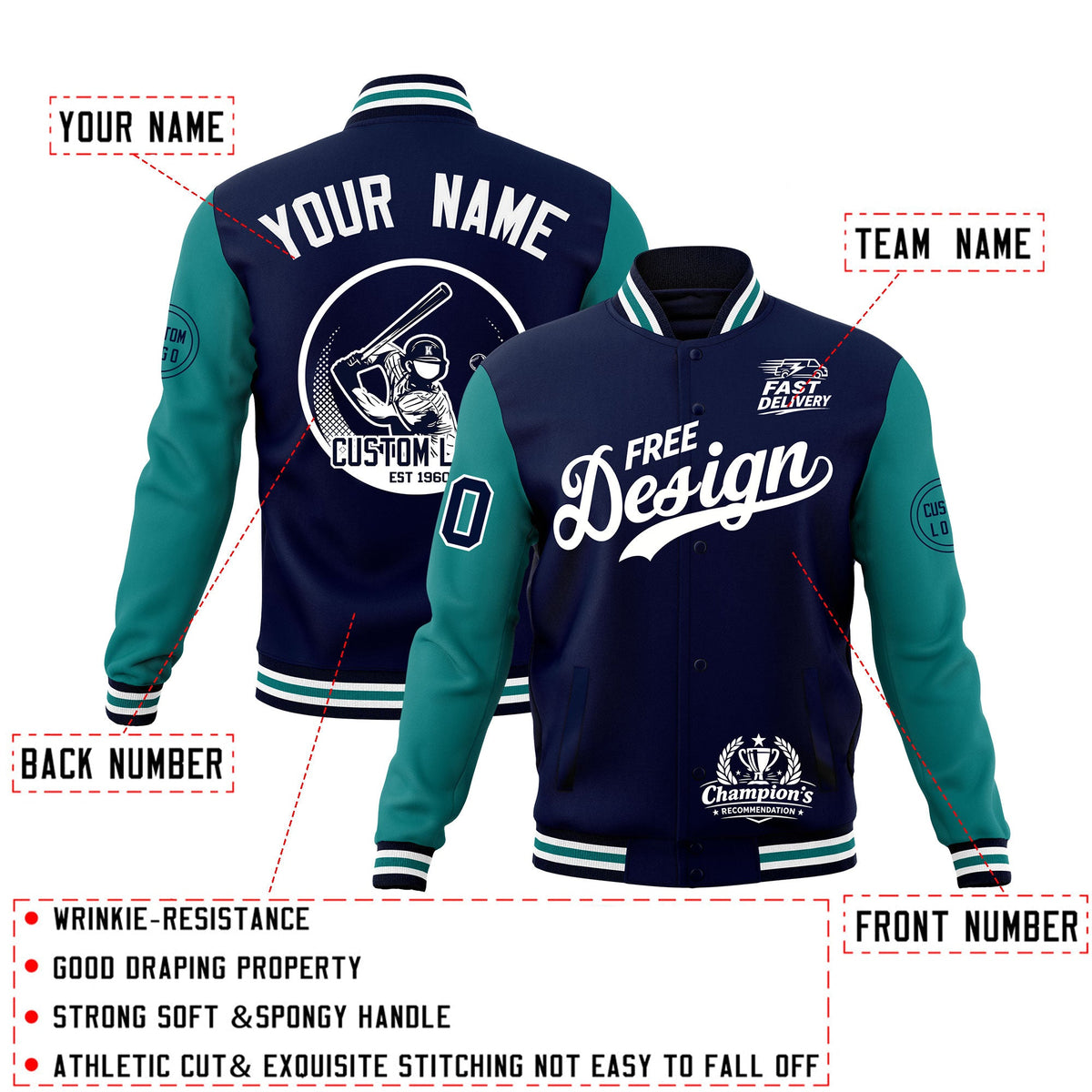 Custom Navy White Teal Classic Style Full-Snap Breathable Jacket| KXKSHOP