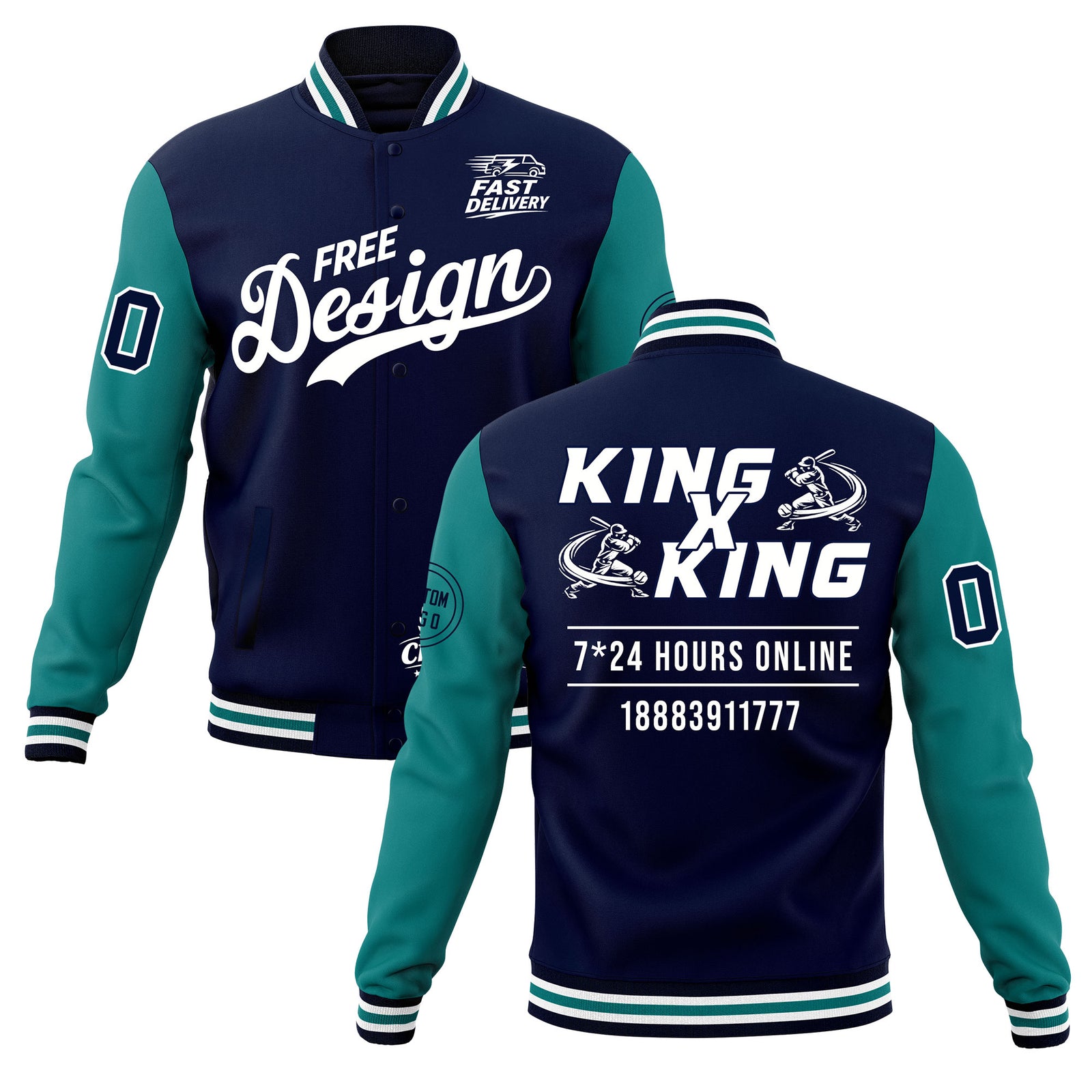 Custom Navy White Teal Classic Style Full-Snap Wrinkle-Resistant Jacket| KXKSHOP