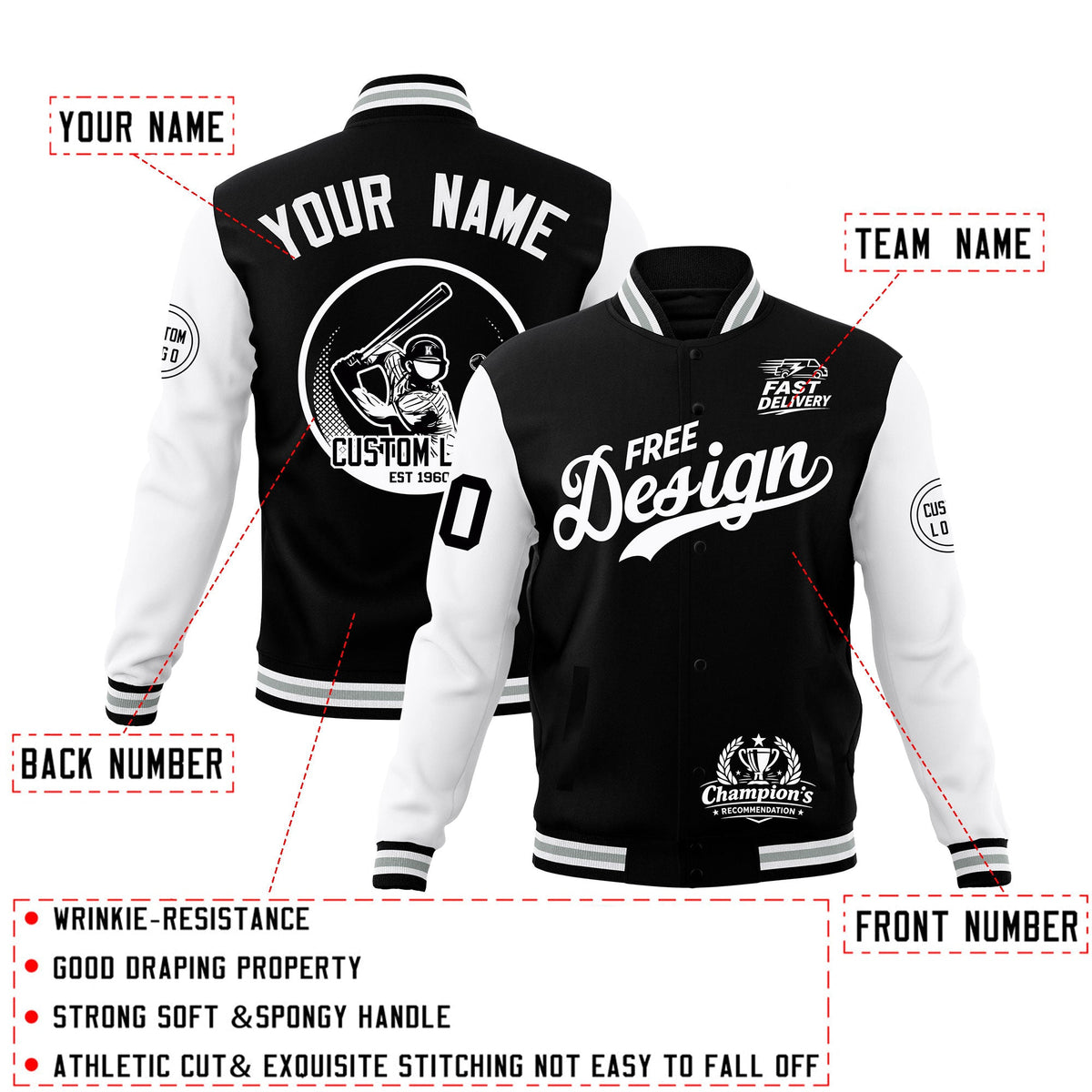 Custom Black White Gray Classic Style Full-Snap Breathable Jacket| KXKSHOP