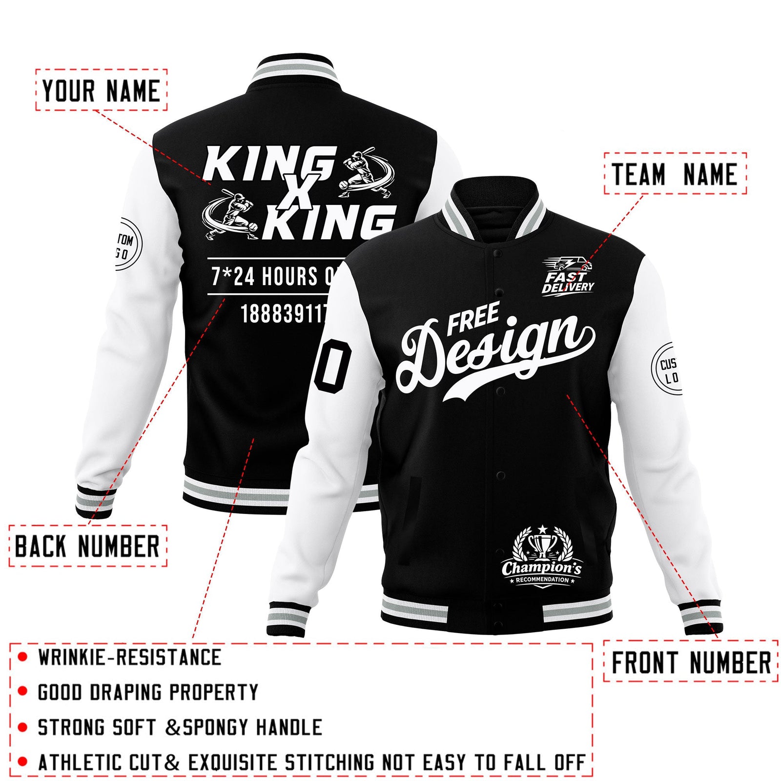 Custom Black White Gray Classic Style Full-Snap Wrinkle-Resistant Jacket| KXKSHOP