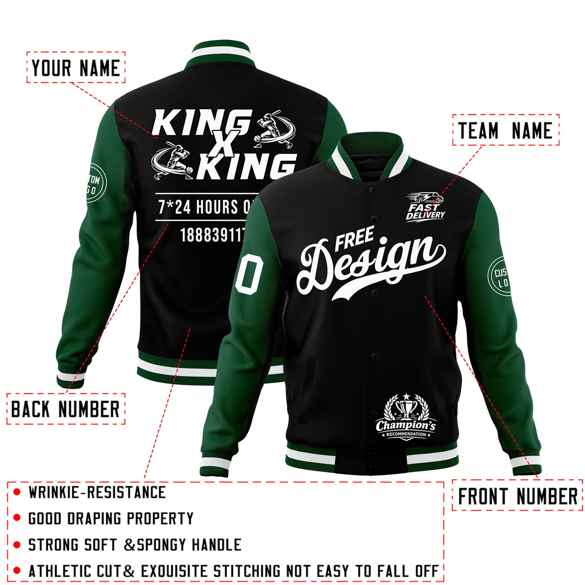 Custom Black Green White Classic Style Full-Snap Wrinkle-Resistant Jacket| KXKSHOP