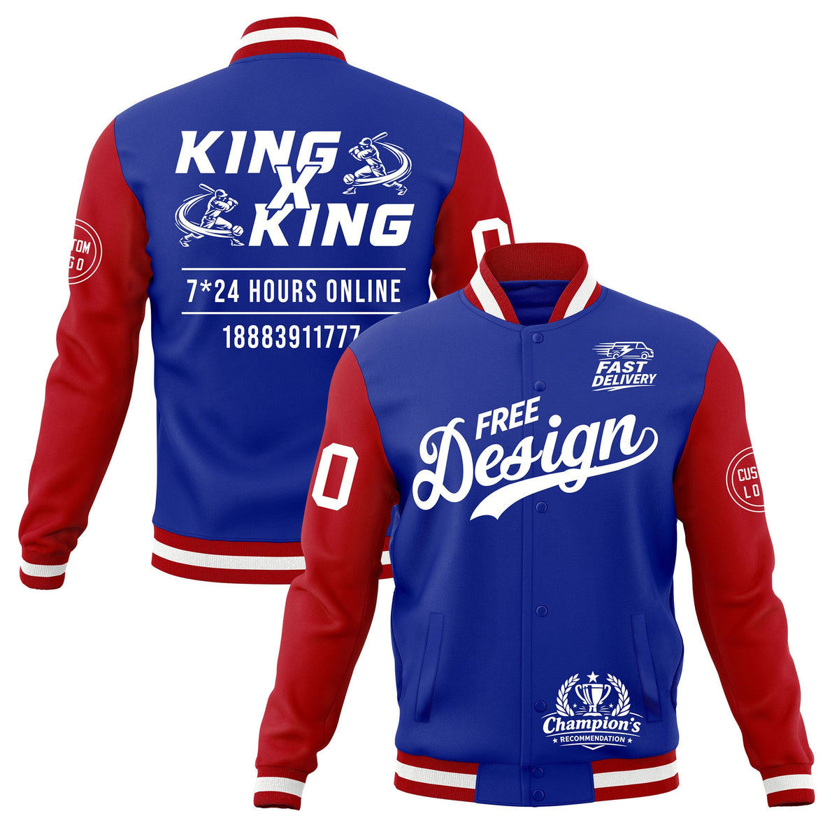 Custom Royal Blue Red White Classic Style Full-Snap Wrinkle-Resistant Jacket| KXKSHOP