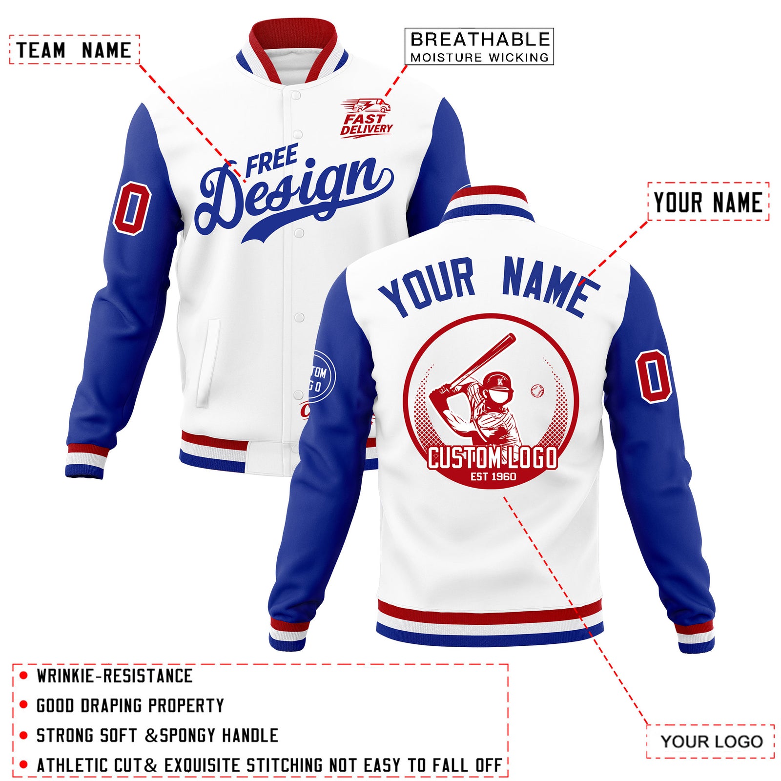 Custom White Red Royal Blue Classic Style Full-Snap Breathable Jacket| KXKSHOP