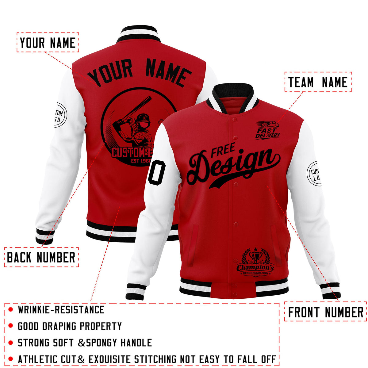 Custom Red Black White Classic Style Full-Snap Breathable Jacket| KXKSHOP