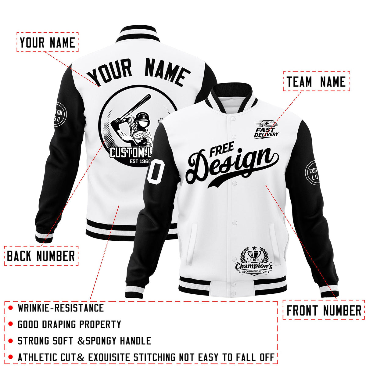 Custom White Black Classic Style Full-Snap Breathable Jacket| KXKSHOP
