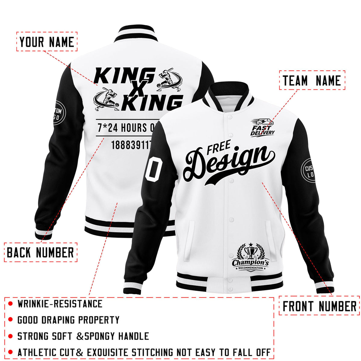 Custom White Black Classic Style Full-Snap Wrinkle-Resistant Jacket| KXKSHOP