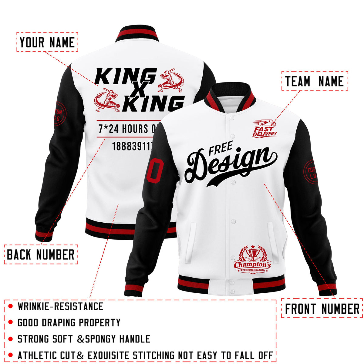 Custom White Black Red Classic Style Full-Snap Wrinkle-Resistant Jacket| KXKSHOP