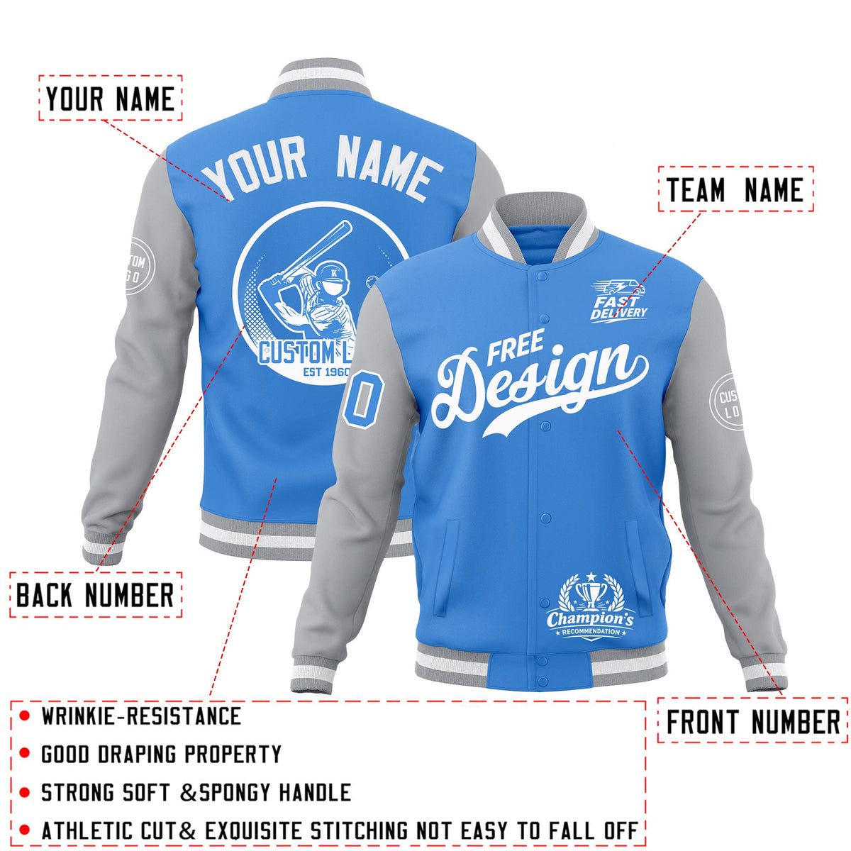 Custom Powder Blue Gray White Classic Style Full-Snap Breathable Jacket| KXKSHOP
