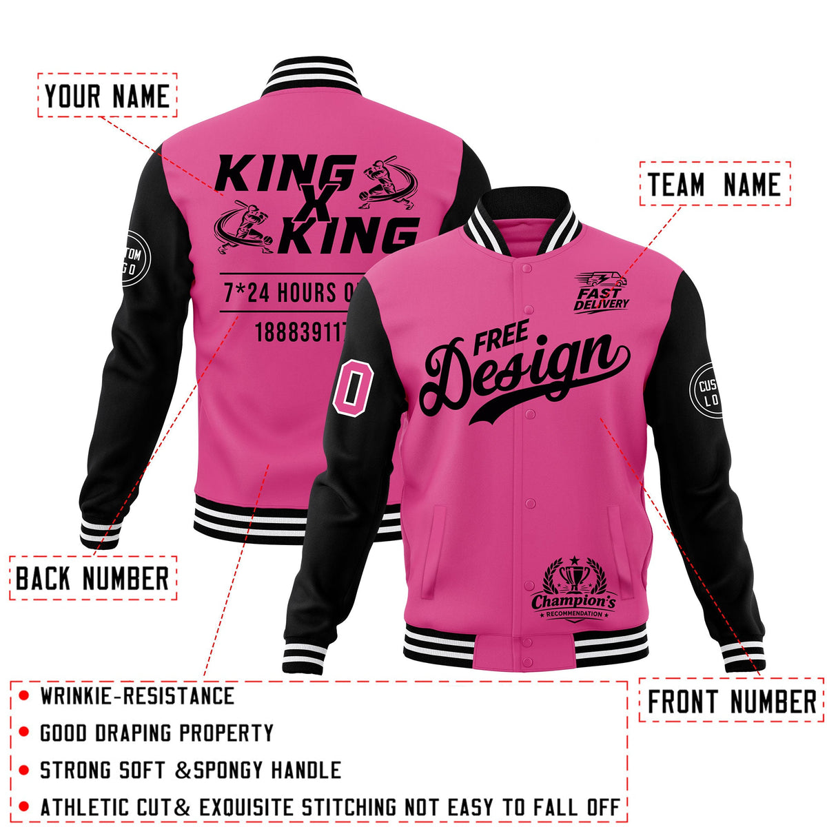 Custom Pink Black White Classic Style Full-Snap Wrinkle-Resistant Jacket| KXKSHOP