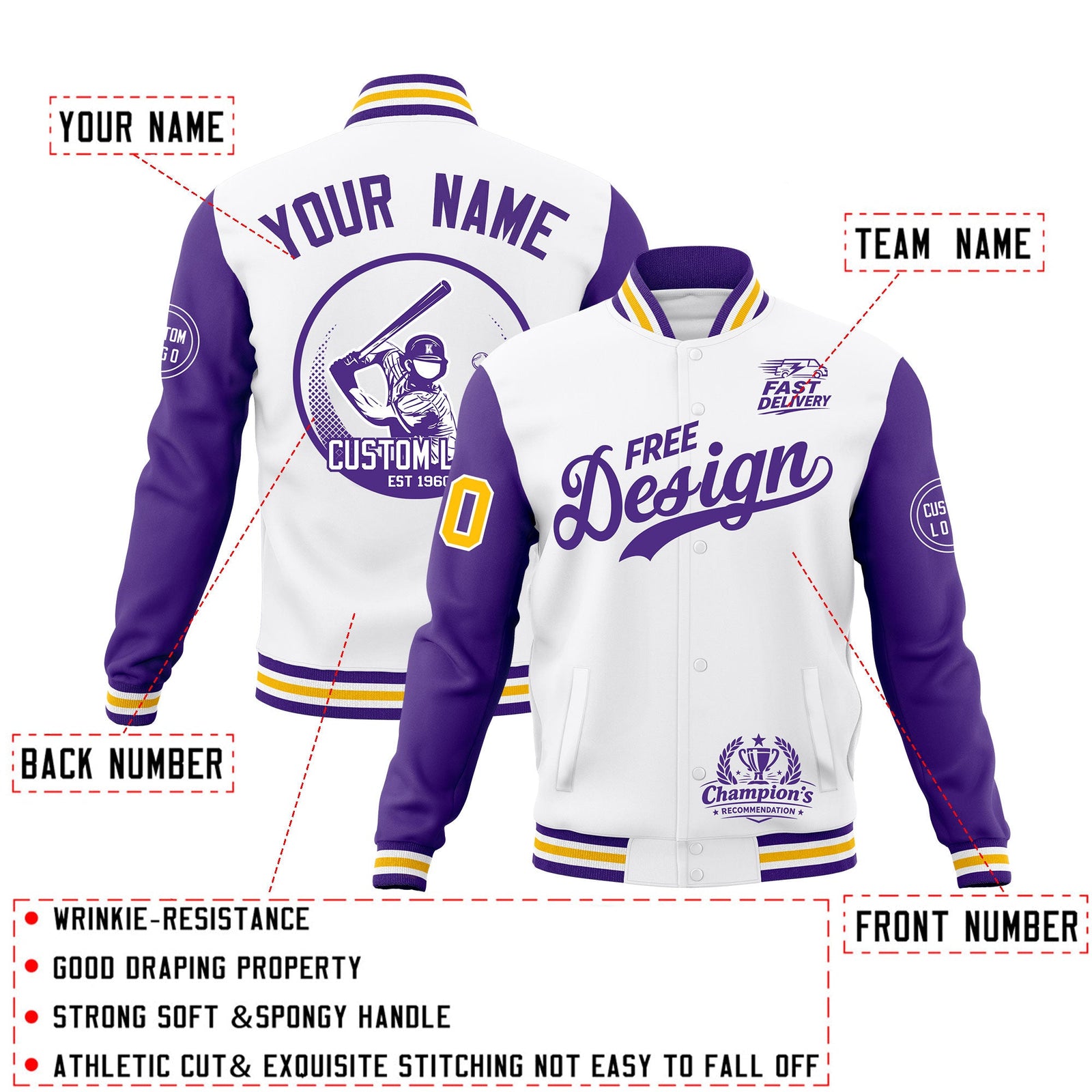Custom White Purple Gold Classic Style Full-Snap Breathable Jacket| KXKSHOP