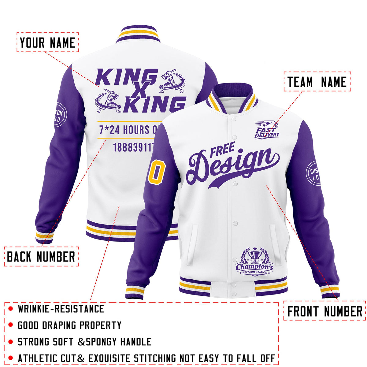 Custom White Purple Gold Classic Style Full-Snap Wrinkle-Resistant Jacket| KXKSHOP