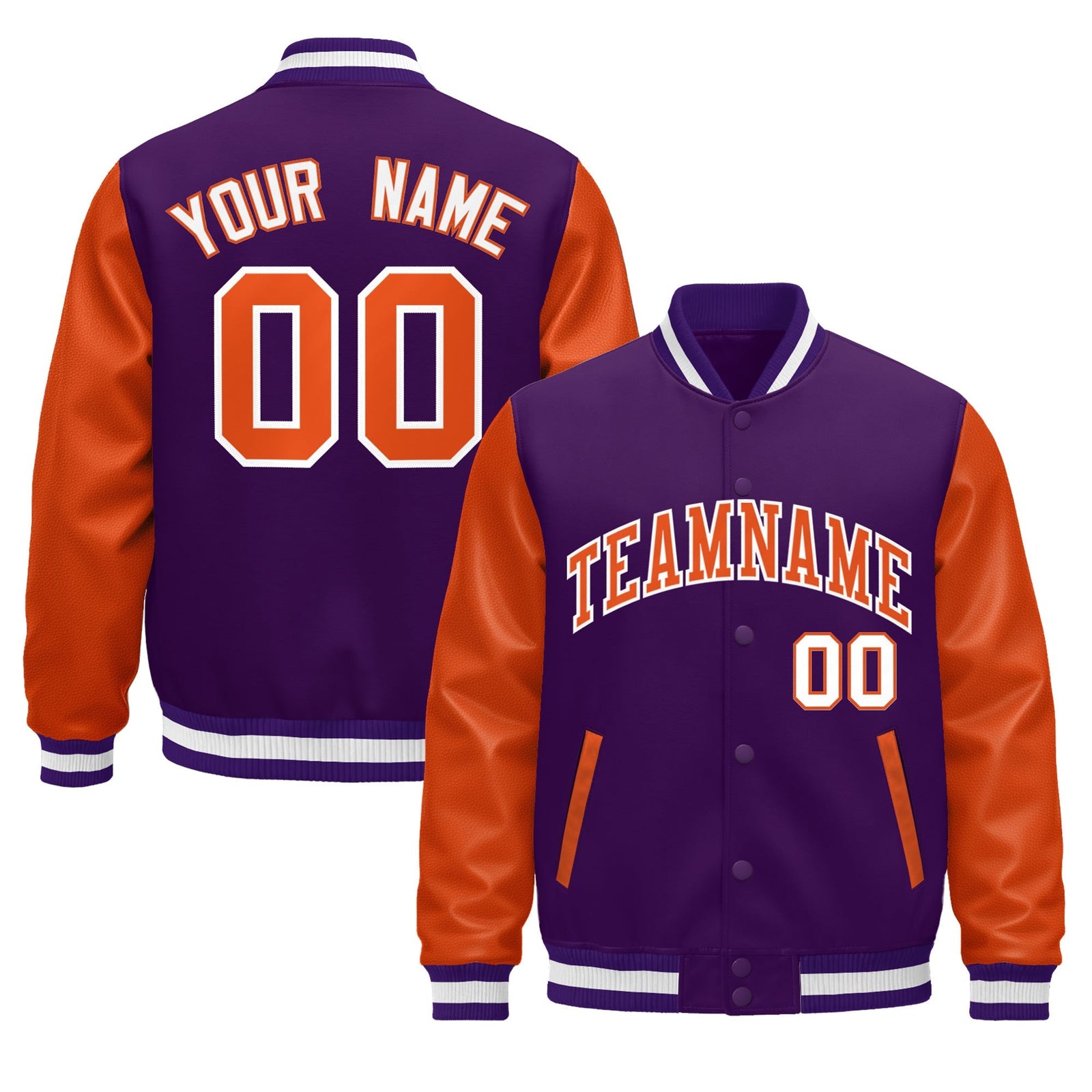 Custom Purple Orange White Raglan Sleeves Varsity Full-Snap Leather Sleeves Letterman Jacket| KXKSHOP