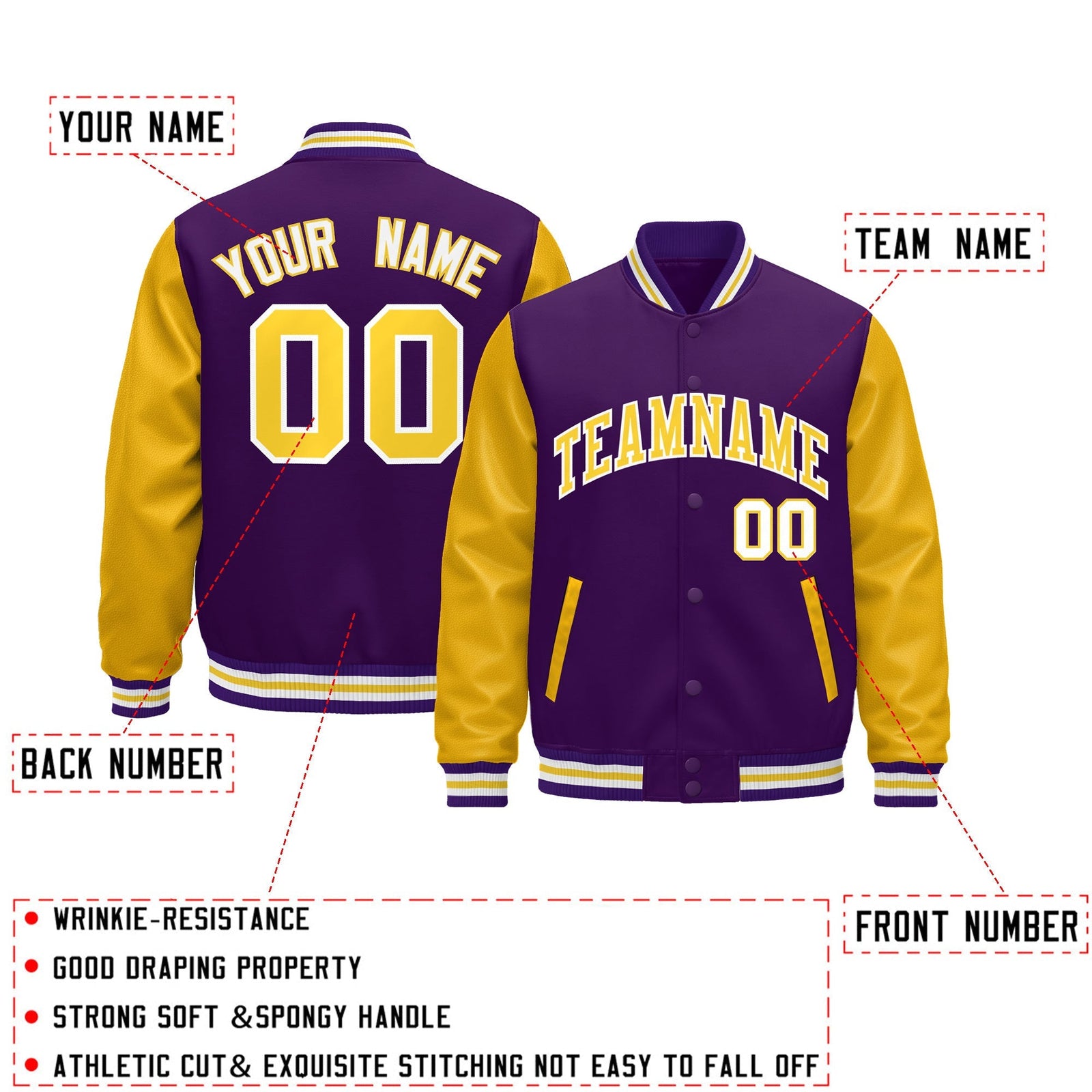 Custom Purple Gold White Raglan Sleeves Varsity Full-Snap Leather Sleeves Letterman Jacket| KXKSHOP