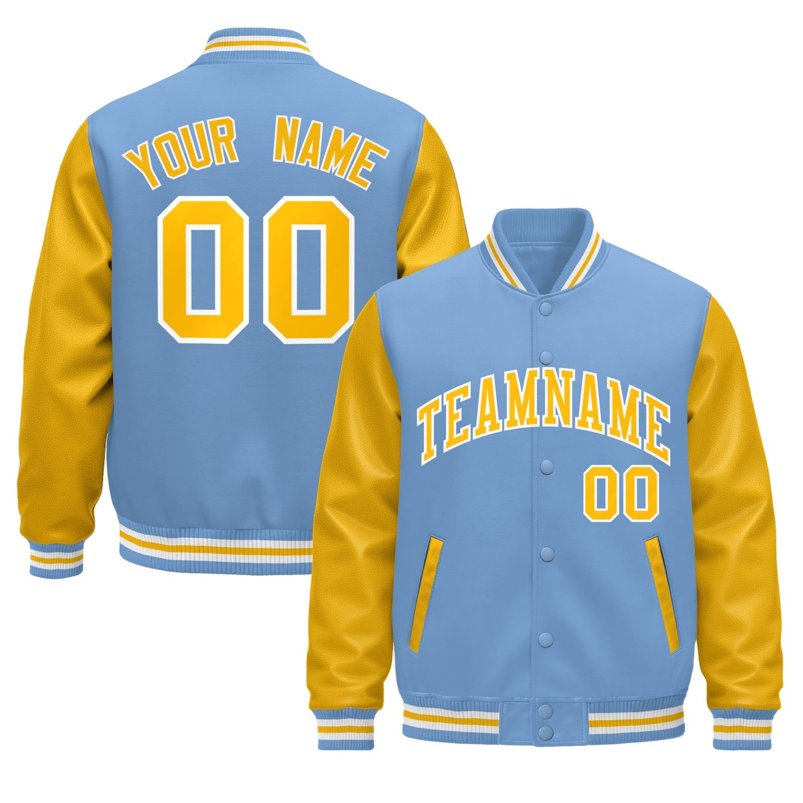 Custom Light Blue White Gold Raglan Sleeves Varsity Full-Snap Leather Sleeves Letterman Jacket| KXKSHOP