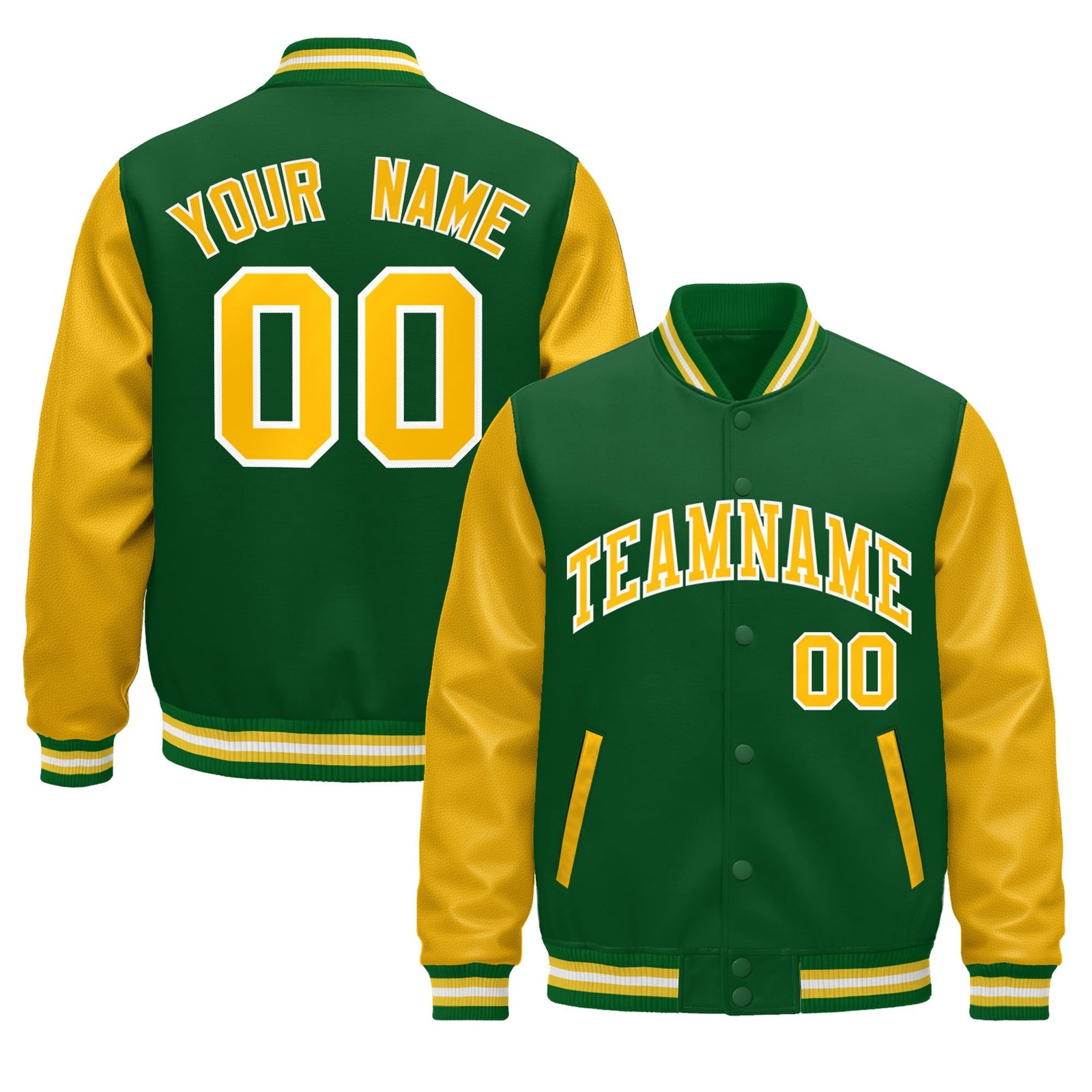 Custom Kelly Green Gold White Raglan Sleeves Varsity Full-Snap Leather Sleeves Letterman Jacket| KXKSHOP