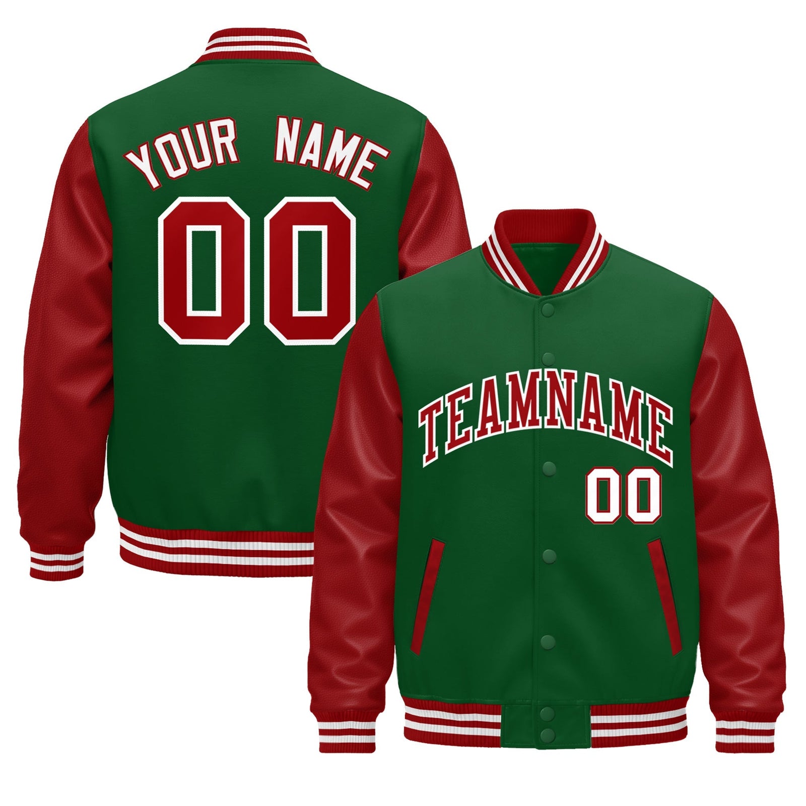 Custom Kelly Green Red White Raglan Sleeves Varsity Full-Snap Leather Sleeves Letterman Jacket| KXKSHOP
