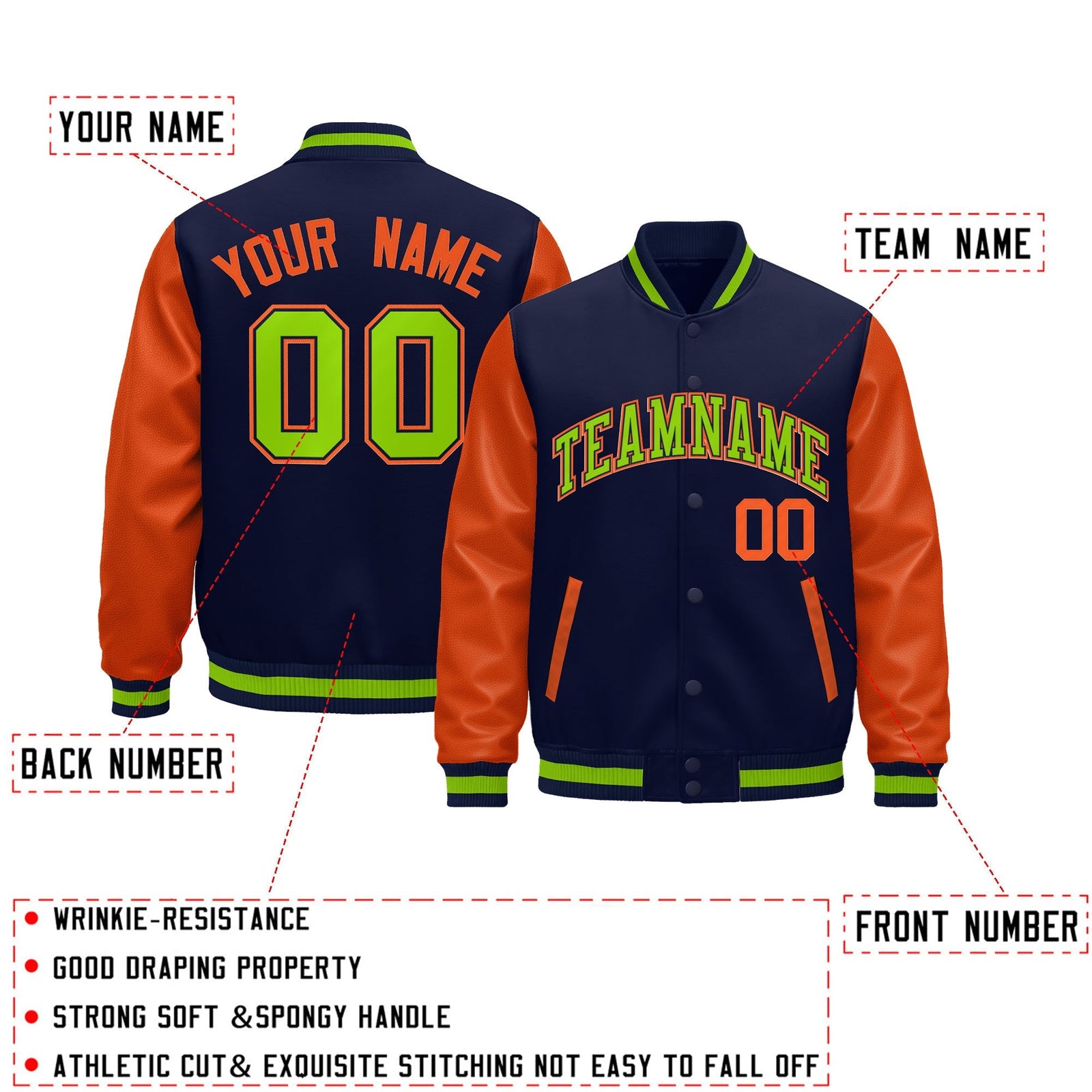 Custom Navy Orange Neon Green Raglan Sleeves Varsity Full-Snap Leather Sleeves Letterman Jacket| KXKSHOP