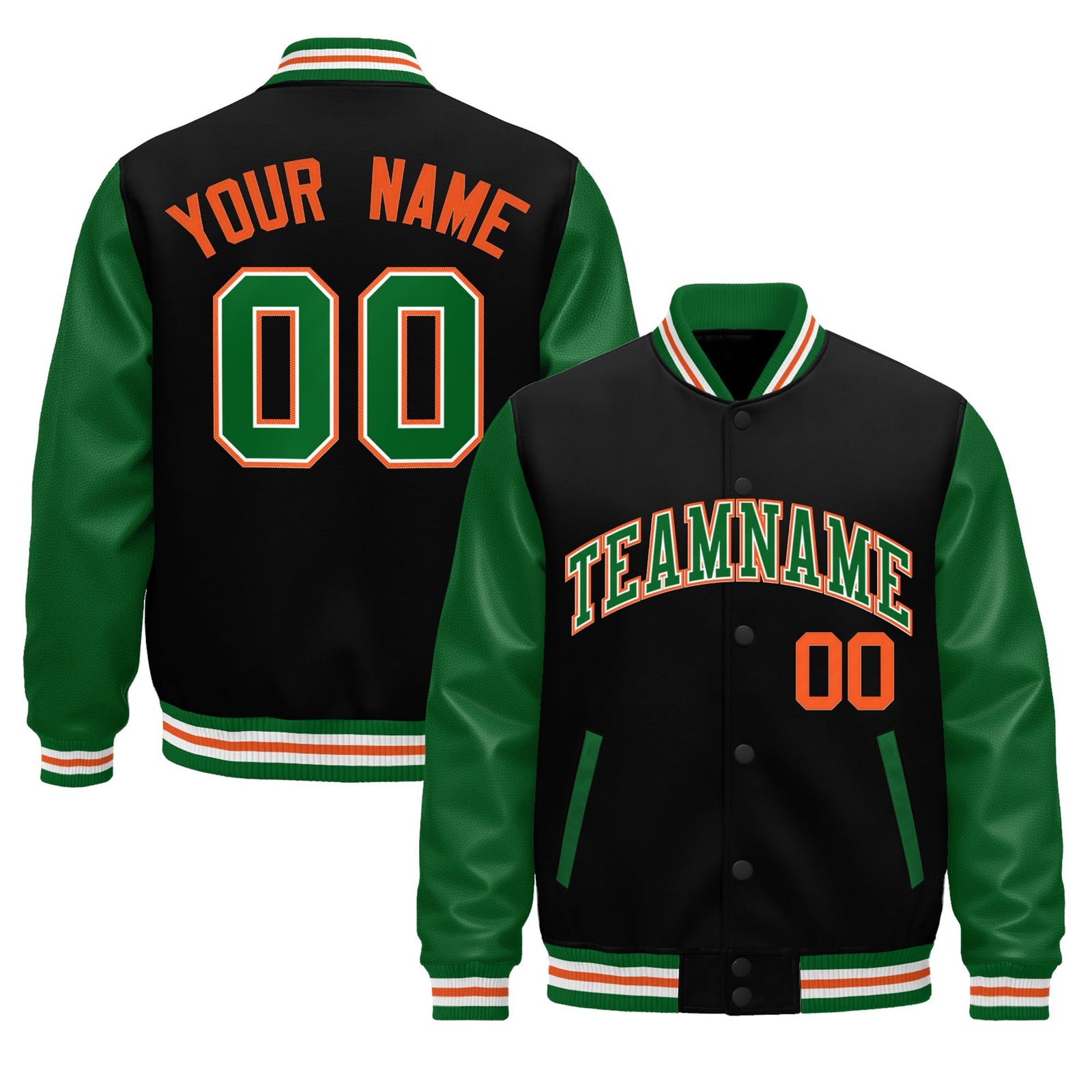 Custom Black Kelly Green White Orange Raglan Sleeves Varsity Full-Snap Leather Sleeves Letterman Jacket| KXKSHOP