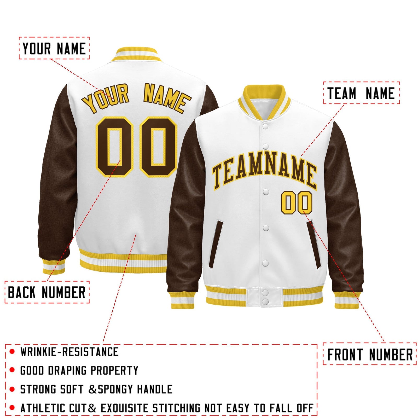 Custom White Brown Gold Raglan Sleeves Varsity Full-Snap Leather Sleeves Letterman Jacket| KXKSHOP