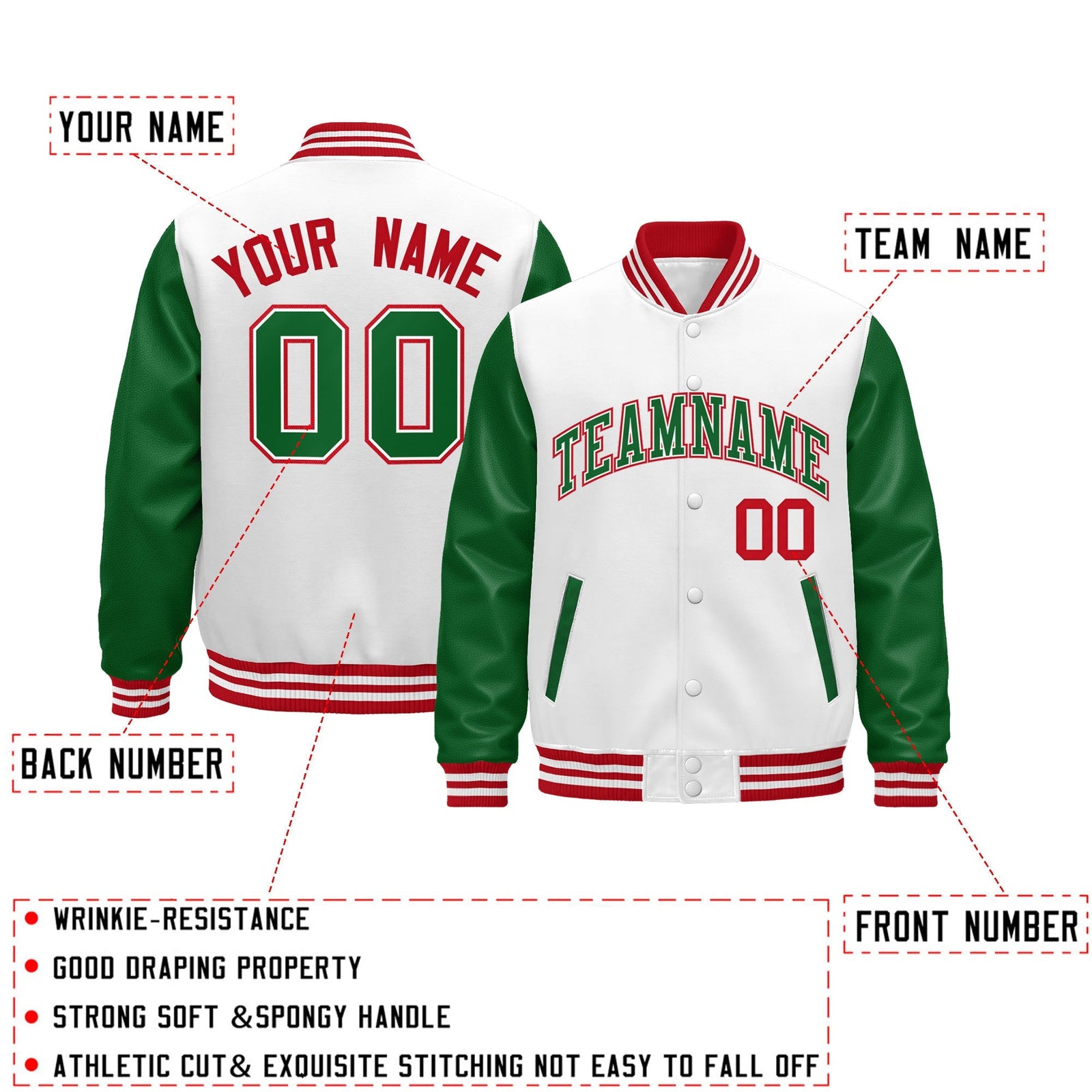 Custom Kelly Green White Red Raglan Sleeves Varsity Full-Snap Leather Sleeves Letterman Jacket| KXKSHOP