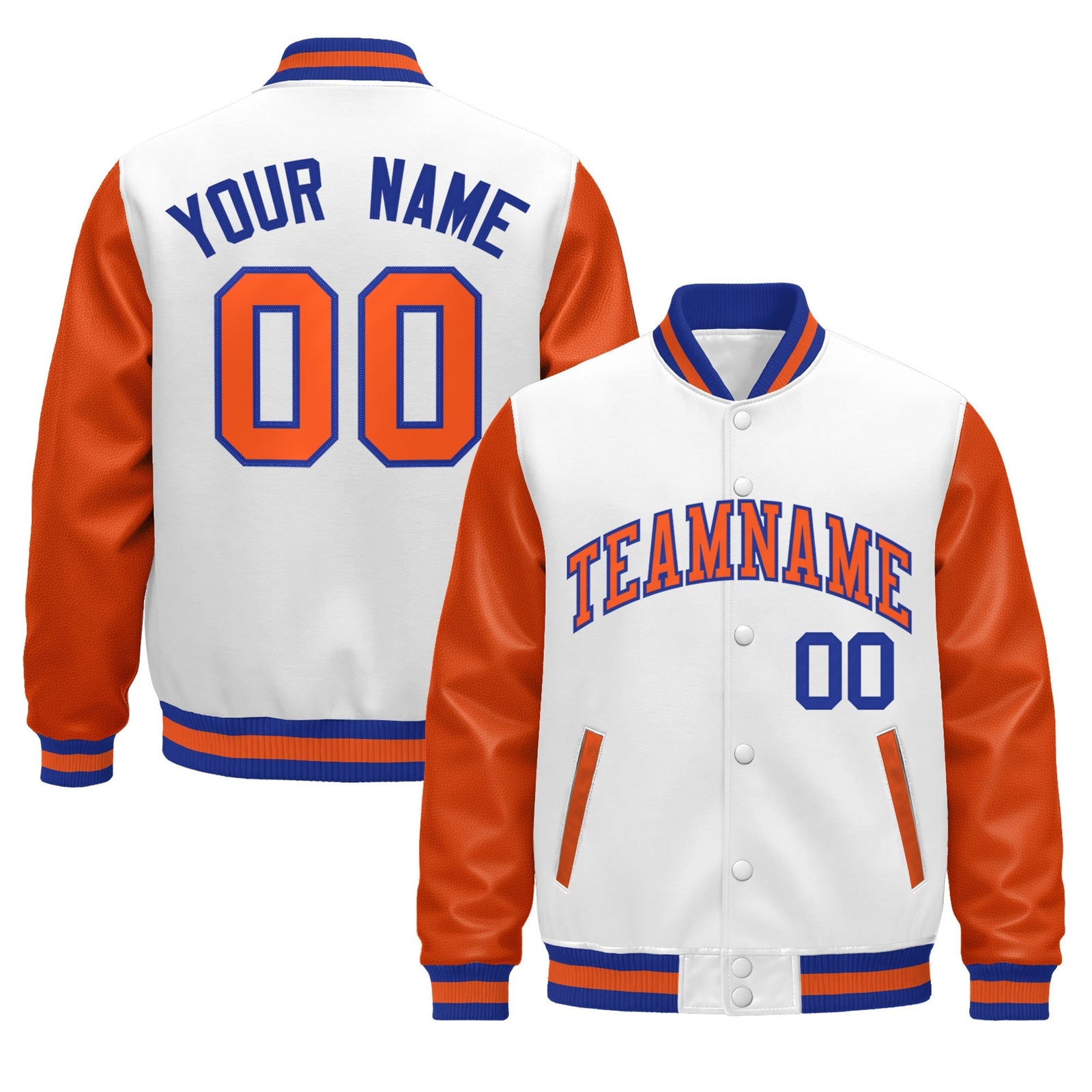 Custom Orange White Royal Blue Raglan Sleeves Varsity Full-Snap Leather Sleeves Letterman Jacket| KXKSHOP