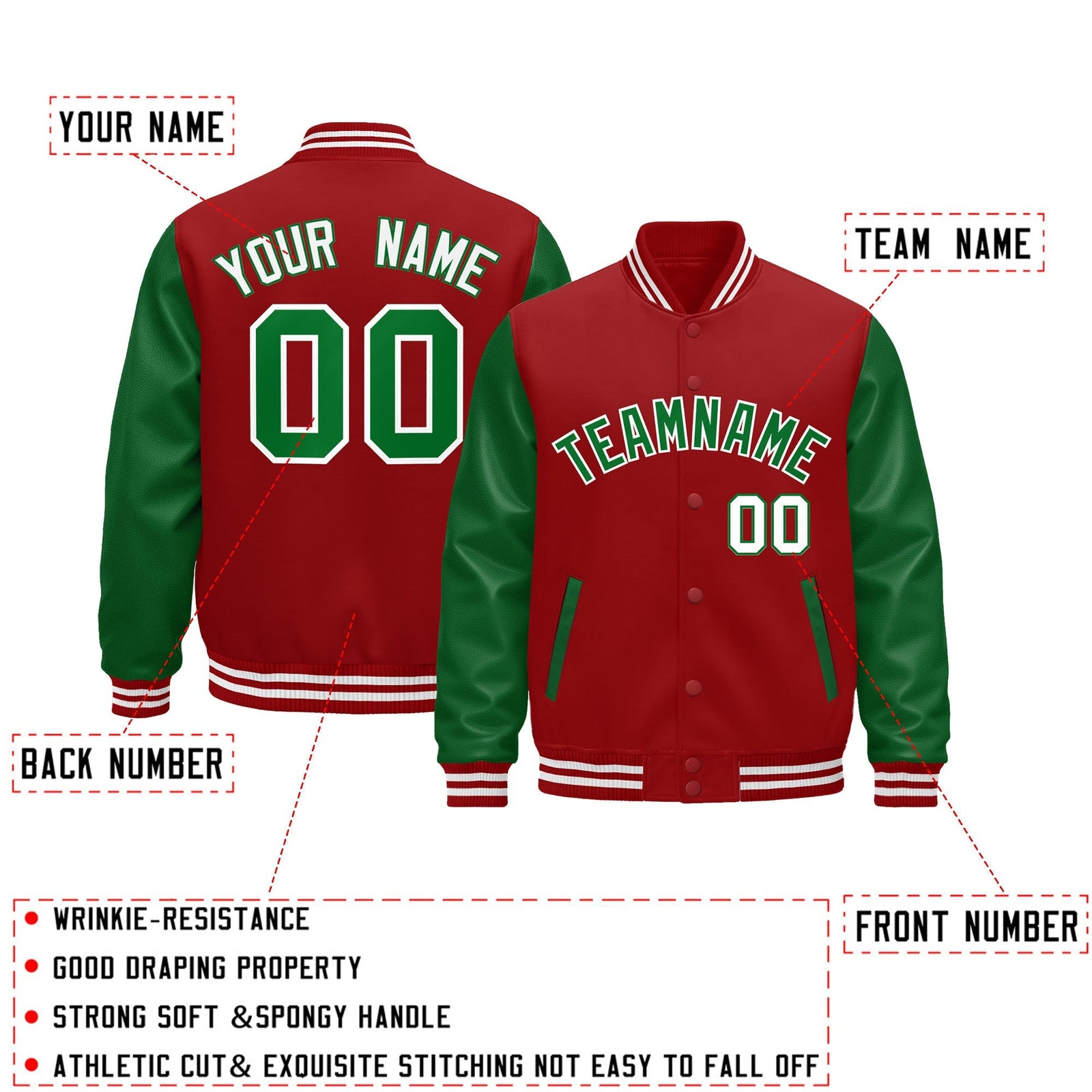 Custom Cream Kelly Green Red Raglan Sleeves Varsity Full-Snap Leather Sleeves Letterman Jacket| KXKSHOP