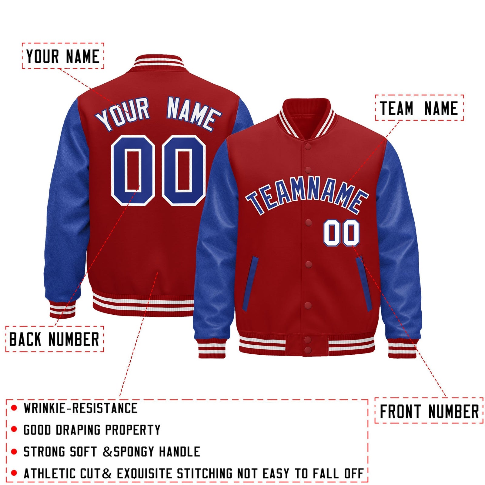 Custom Cream Royal Blue Red Raglan Sleeves Varsity Full-Snap Leather Sleeves Letterman Jacket| KXKSHOP
