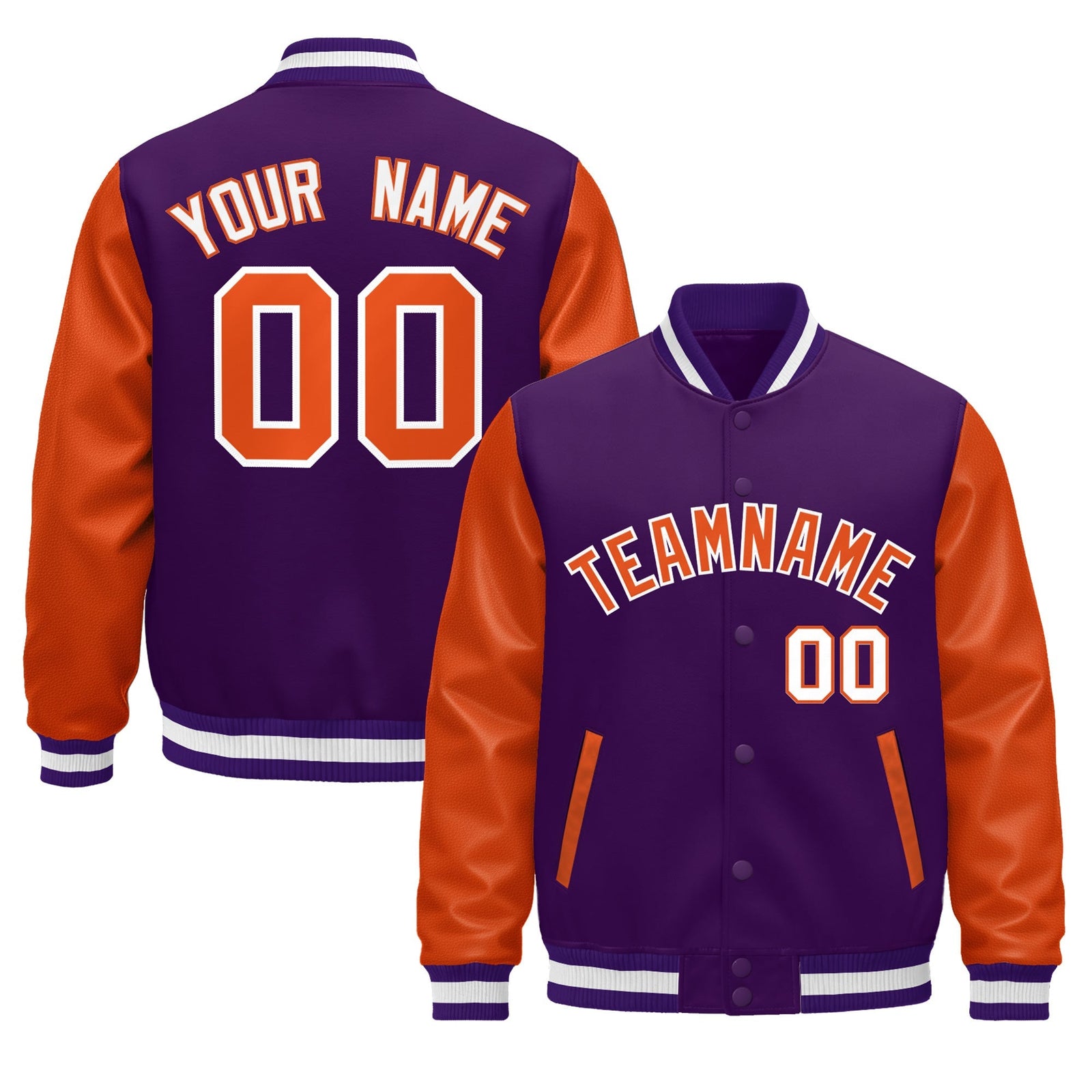 Custom Purple Orange White Raglan Sleeves Varsity Full-Snap Leather Sleeves Letterman Jacket| KXKSHOP