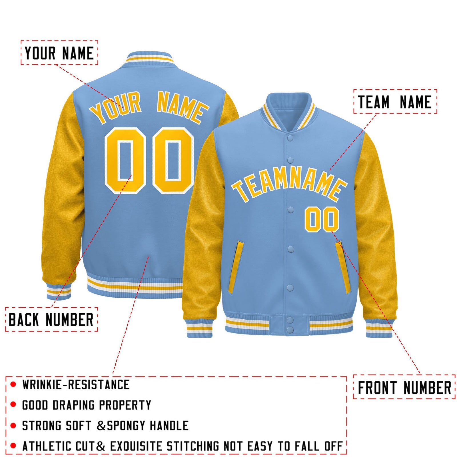 Custom Light Blue White Gold Raglan Sleeves Varsity Full-Snap Leather Sleeves Letterman Jacket| KXKSHOP