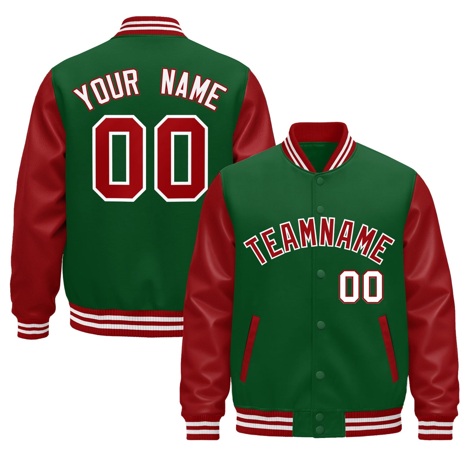 Custom Kelly Green Red White Raglan Sleeves Varsity Full-Snap Leather Sleeves Letterman Jacket| KXKSHOP