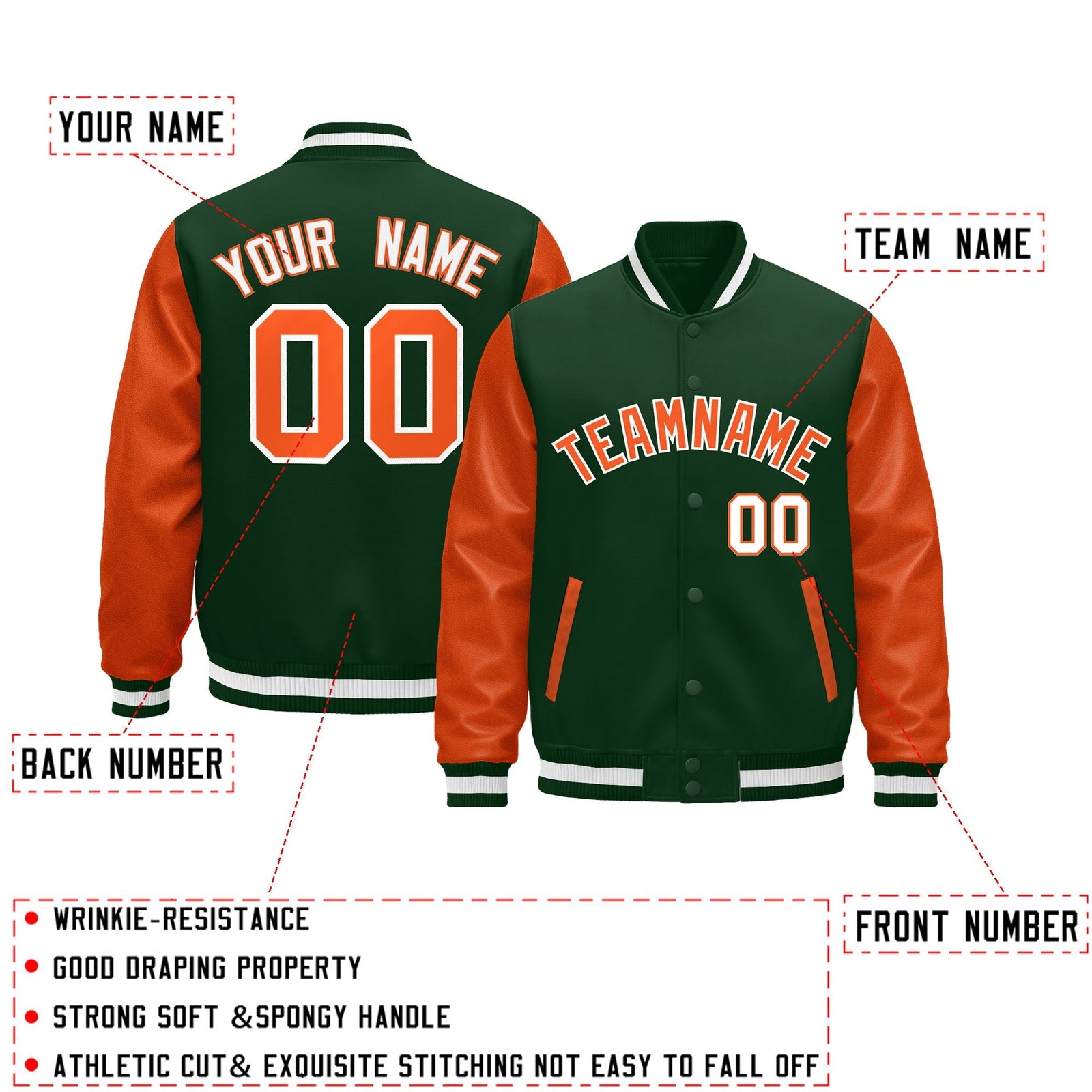 Custom Dark Green Orange White Raglan Sleeves Varsity Full-Snap Leather Sleeves Letterman Jacket| KXKSHOP