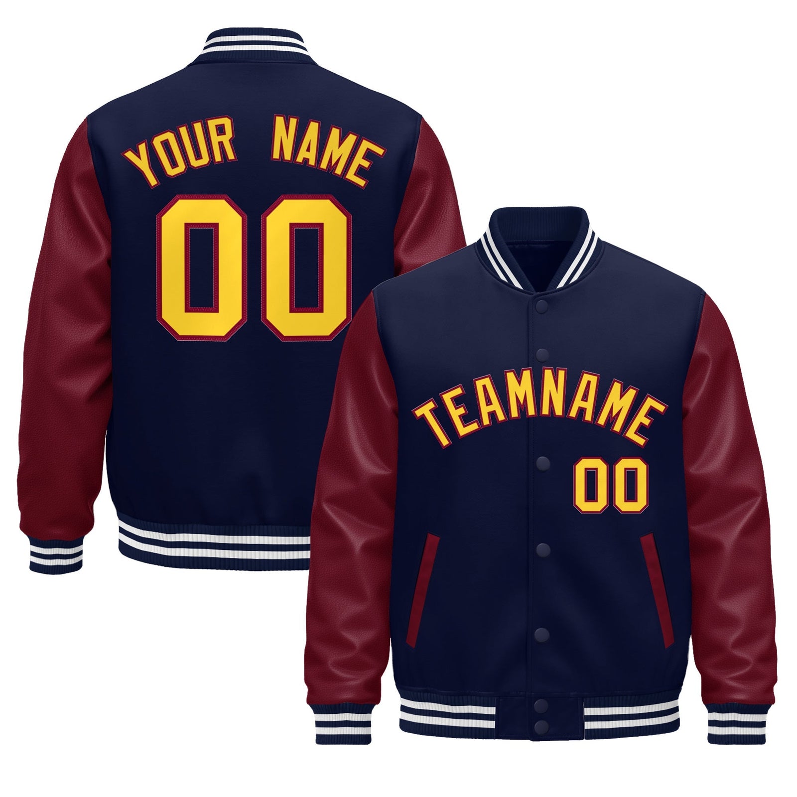 Custom Navy Burgundy Gold White Raglan Sleeves Varsity Full-Snap Leather Sleeves Letterman Jacket| KXKSHOP