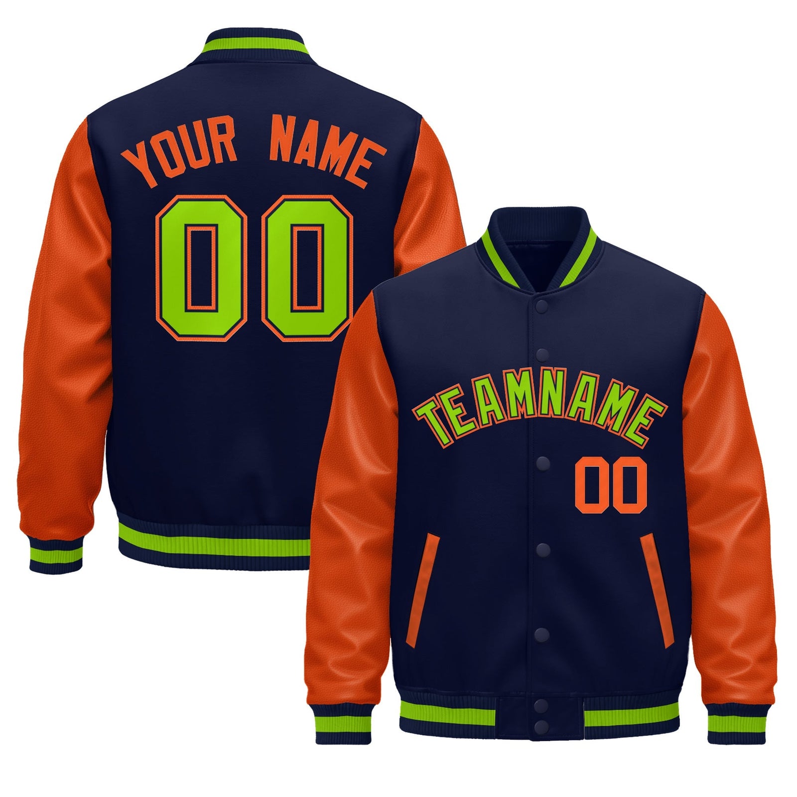 Custom Navy Orange Neon Green Raglan Sleeves Varsity Full-Snap Leather Sleeves Letterman Jacket| KXKSHOP