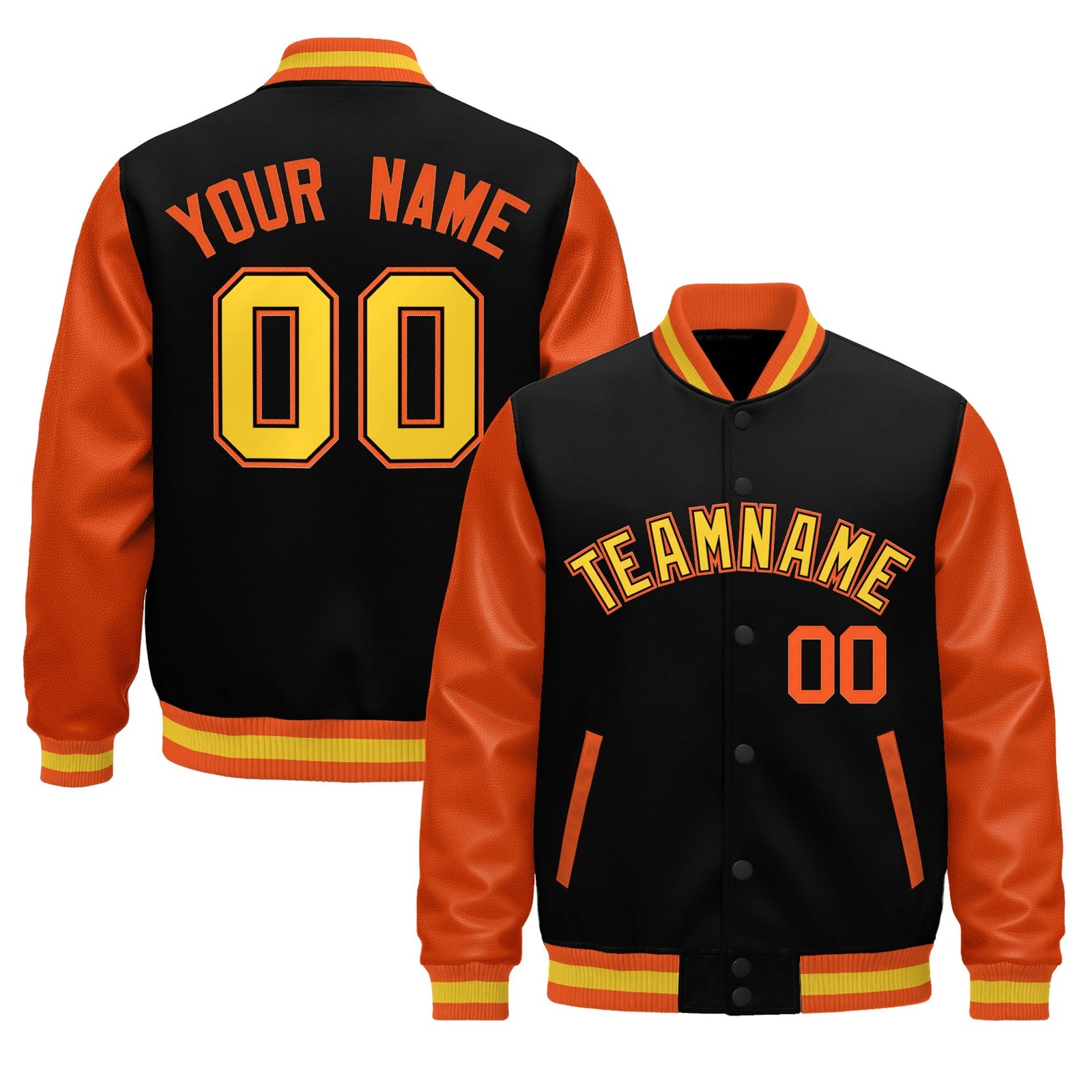 Custom Black Orange Gold Raglan Sleeves Varsity Full-Snap Leather Sleeves Letterman Jacket| KXKSHOP