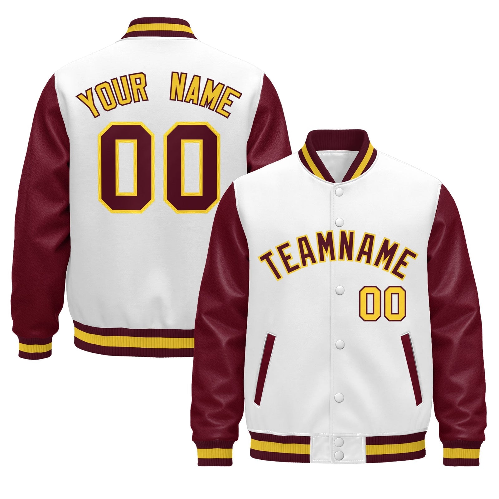 Custom Burgundy White Crimson Gold Raglan Sleeves Varsity Full-Snap Leather Sleeves Letterman Jacket| KXKSHOP