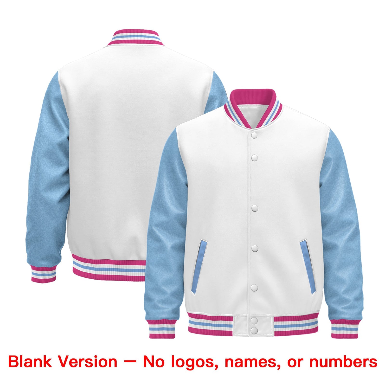 Custom White Light Blue Pink Raglan Sleeves Varsity Full-Snap Leather Sleeves Letterman Jacket| KXKSHOP