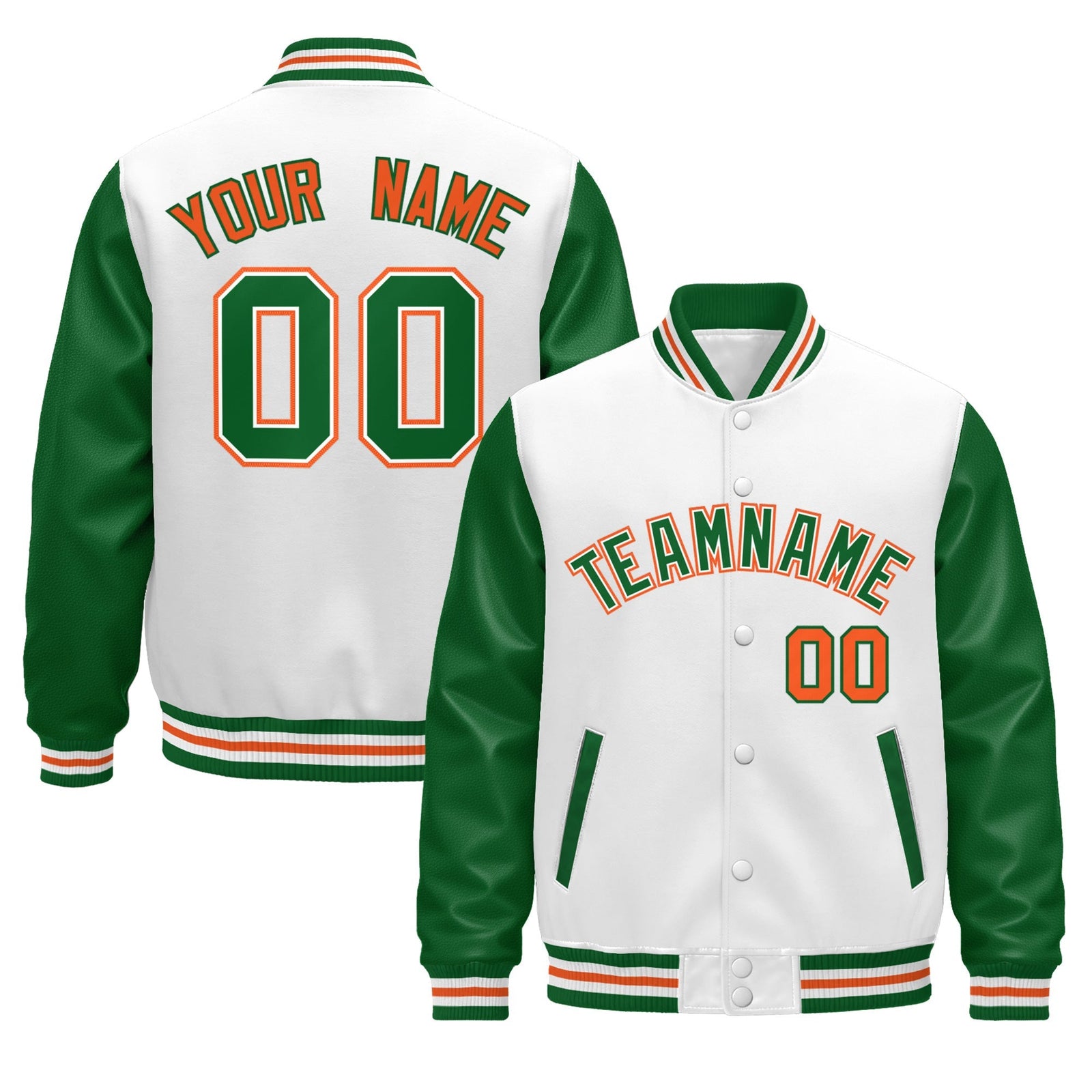 Custom White Kelly Green Orange Raglan Sleeves Varsity Full-Snap Leather Sleeves Letterman Jacket| KXKSHOP