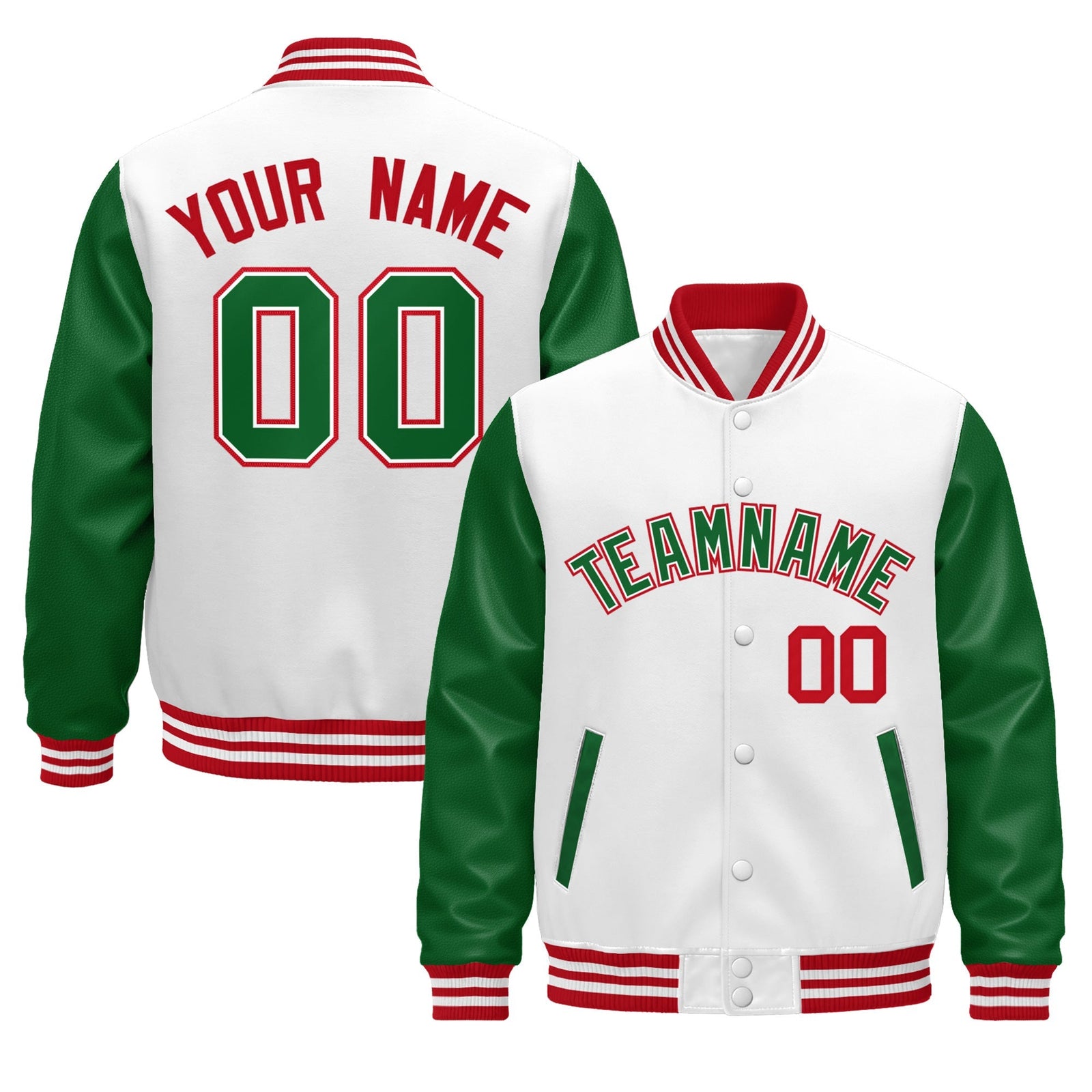 Custom Kelly Green White Red Raglan Sleeves Varsity Full-Snap Leather Sleeves Letterman Jacket| KXKSHOP