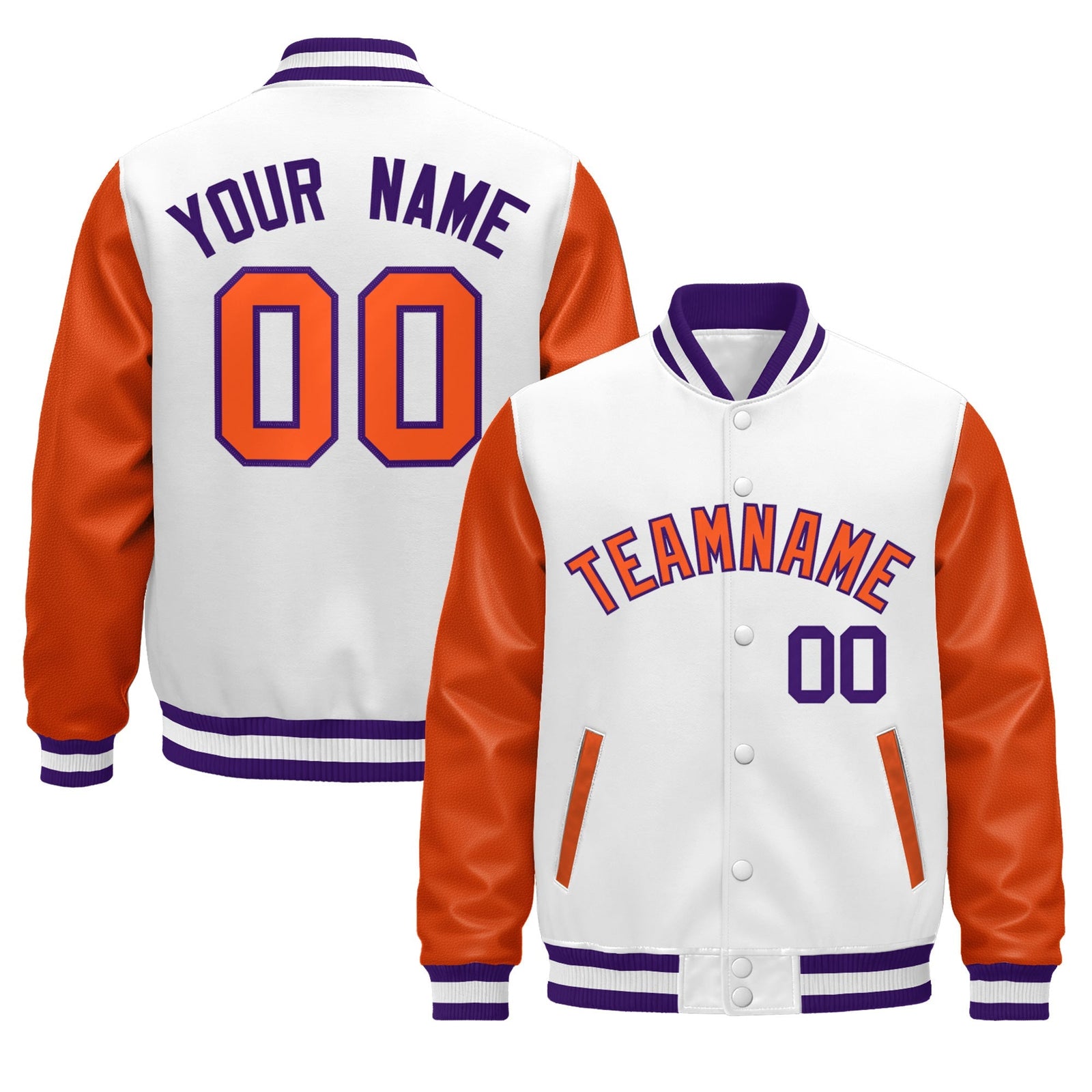 Custom Orange Purple White Raglan Sleeves Varsity Full-Snap Leather Sleeves Letterman Jacket| KXKSHOP