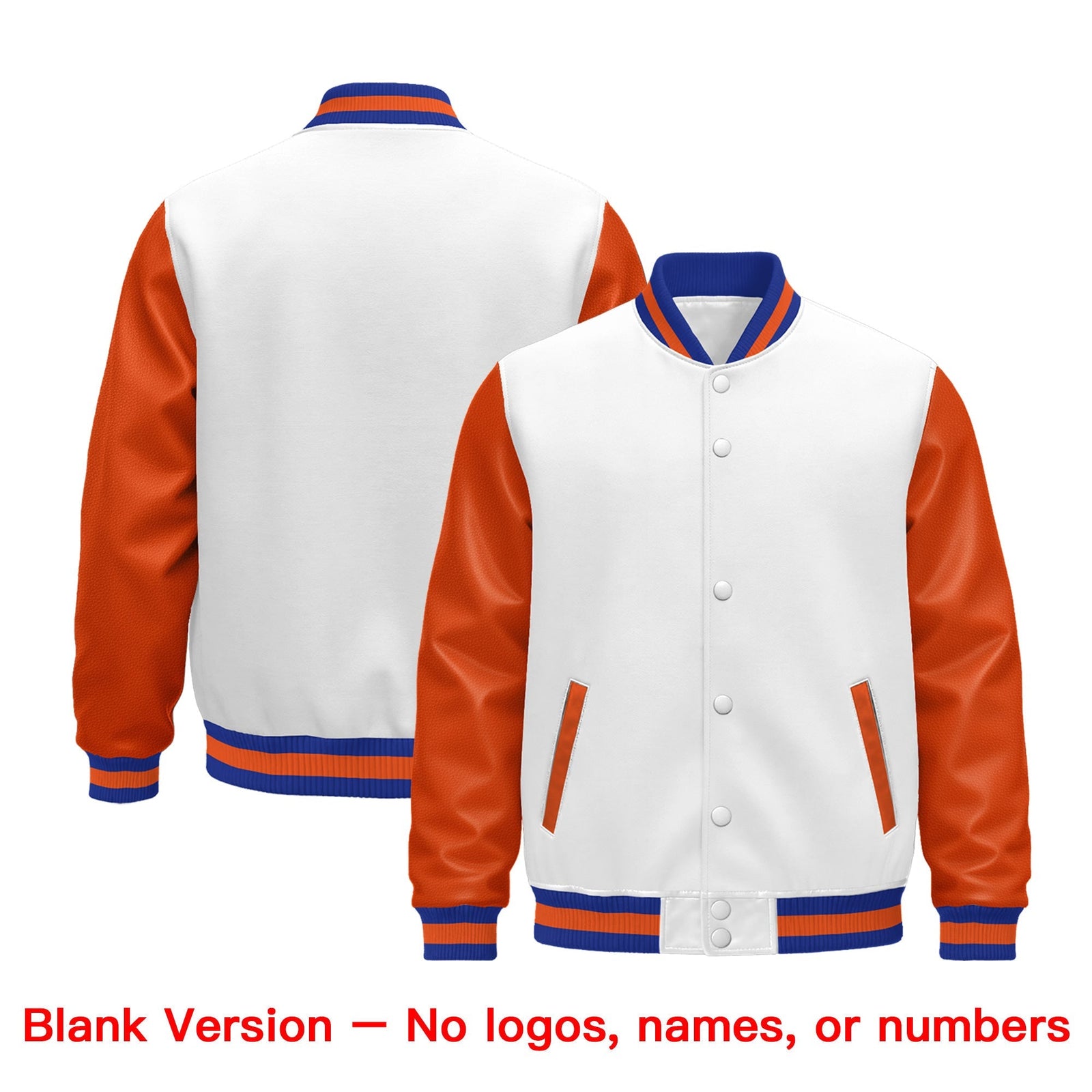 Custom Orange White Royal Blue Raglan Sleeves Varsity Full-Snap Leather Sleeves Letterman Jacket| KXKSHOP