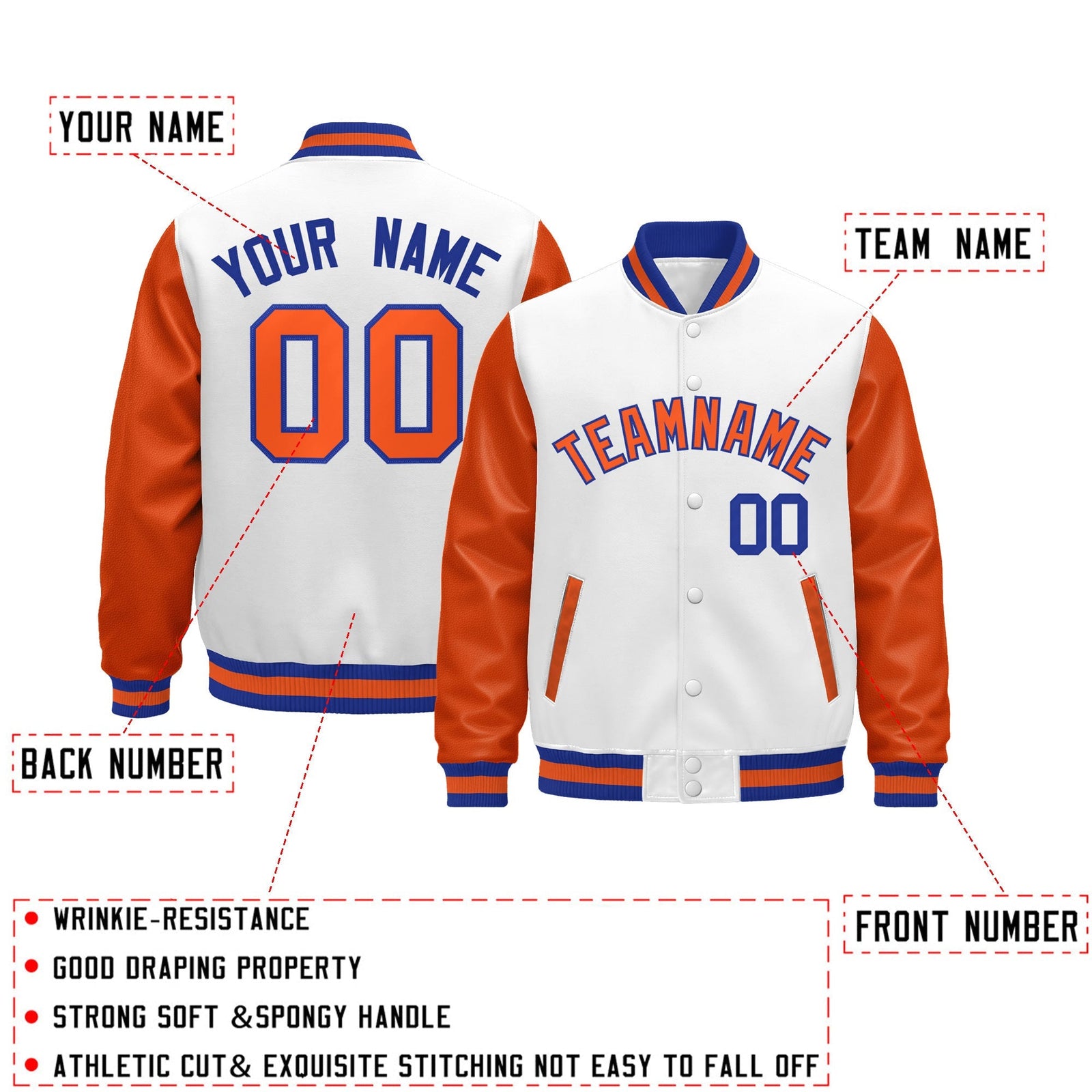 Custom Orange White Royal Blue Raglan Sleeves Varsity Full-Snap Leather Sleeves Letterman Jacket| KXKSHOP