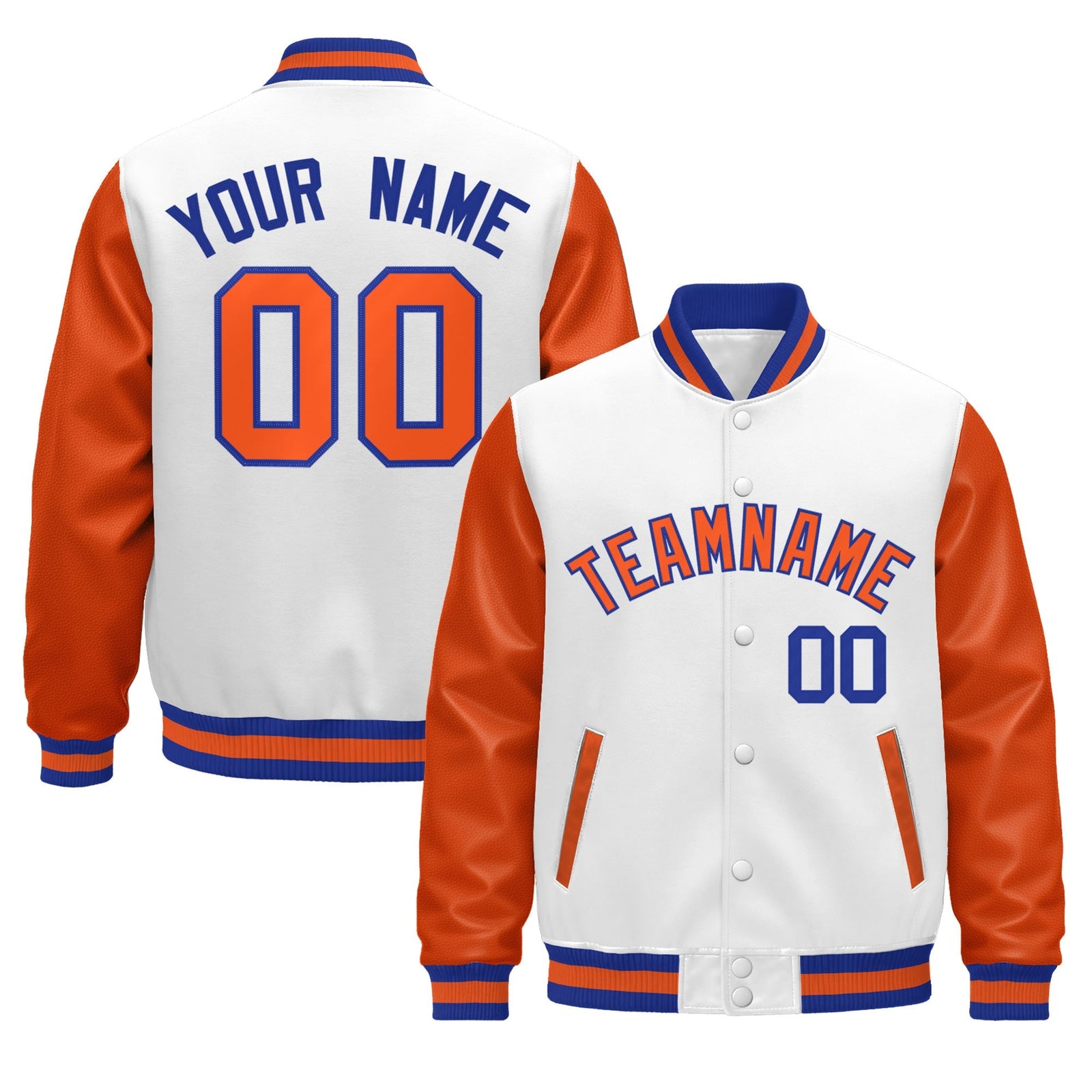 Custom Orange White Royal Blue Raglan Sleeves Varsity Full-Snap Leather Sleeves Letterman Jacket| KXKSHOP