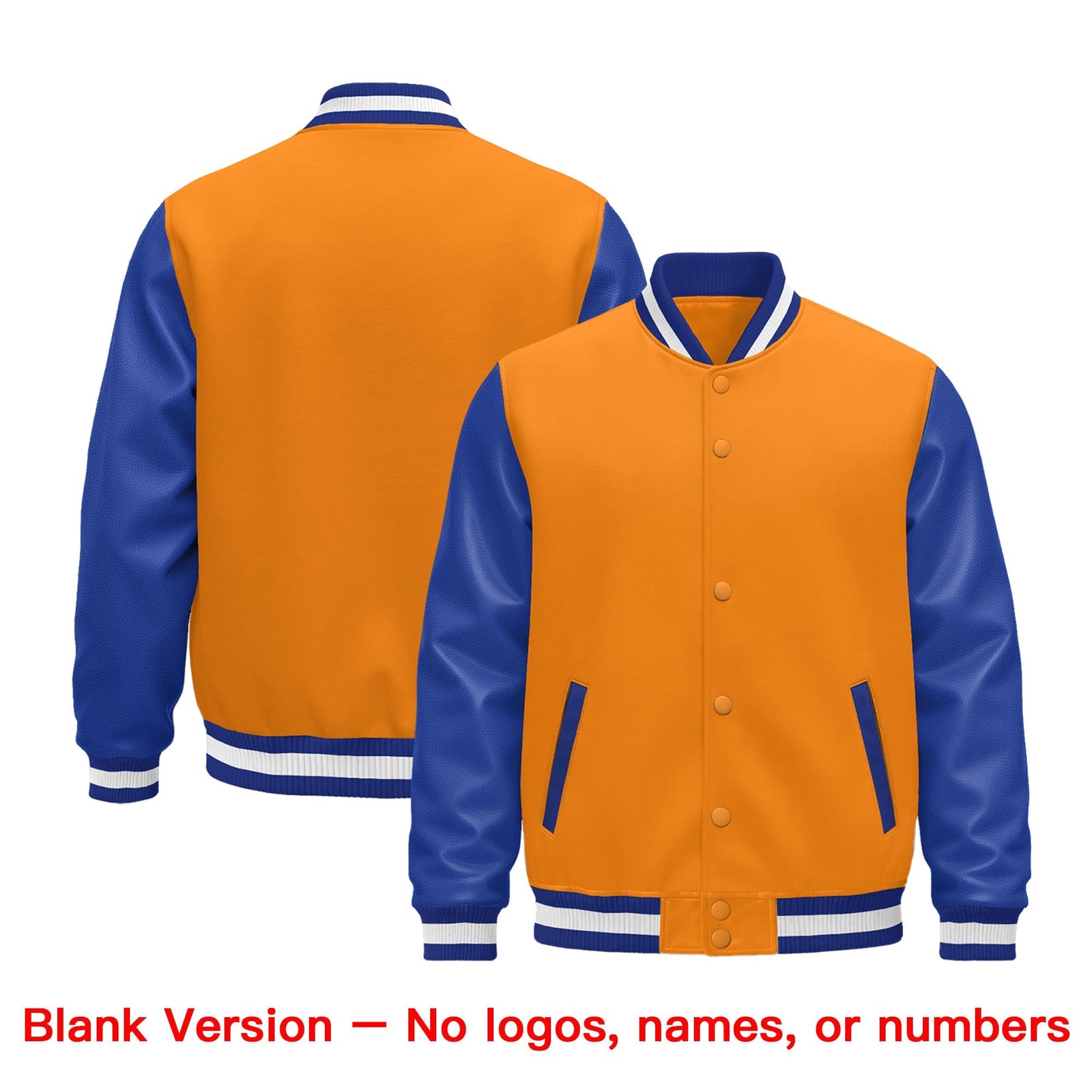 Custom Royal Blue Orange White Raglan Sleeves Varsity Full-Snap Leather Sleeves Letterman Jacket| KXKSHOP