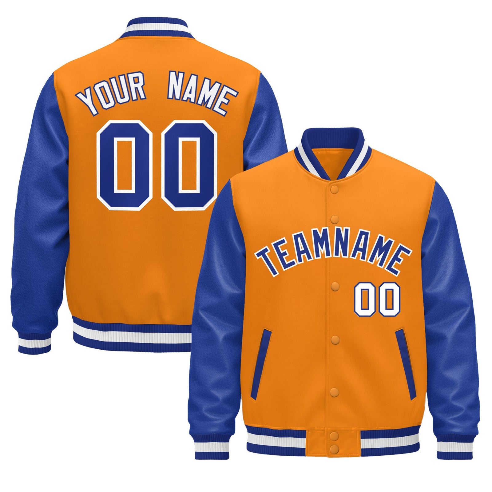 Custom Royal Blue Orange White Raglan Sleeves Varsity Full-Snap Leather Sleeves Letterman Jacket| KXKSHOP