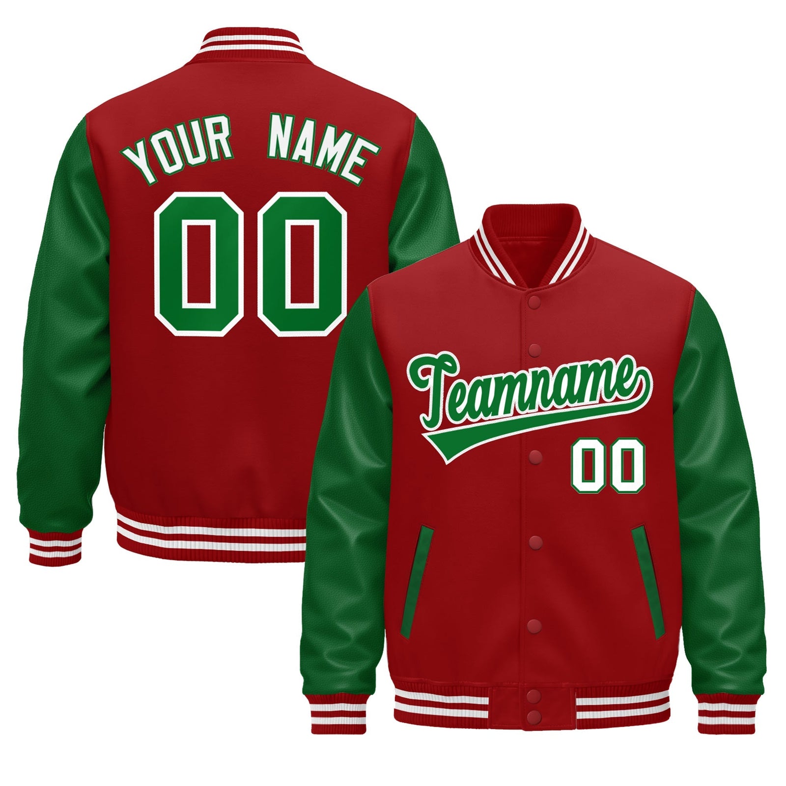 Custom Cream Kelly Green Red Raglan Sleeves Varsity Full-Snap Leather Sleeves Letterman Jacket| KXKSHOP