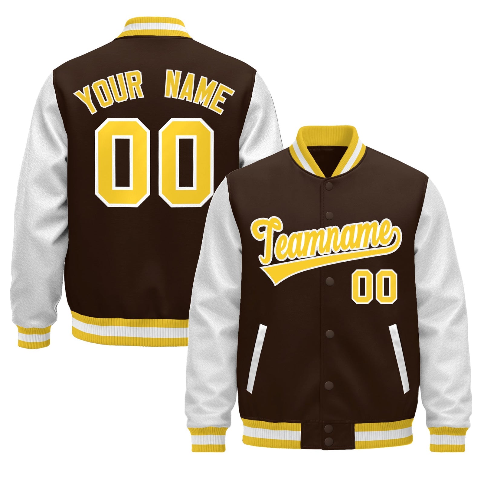 Custom White Brown Gold Raglan Sleeves Varsity Full-Snap Leather Sleeves Letterman Jacket| KXKSHOP