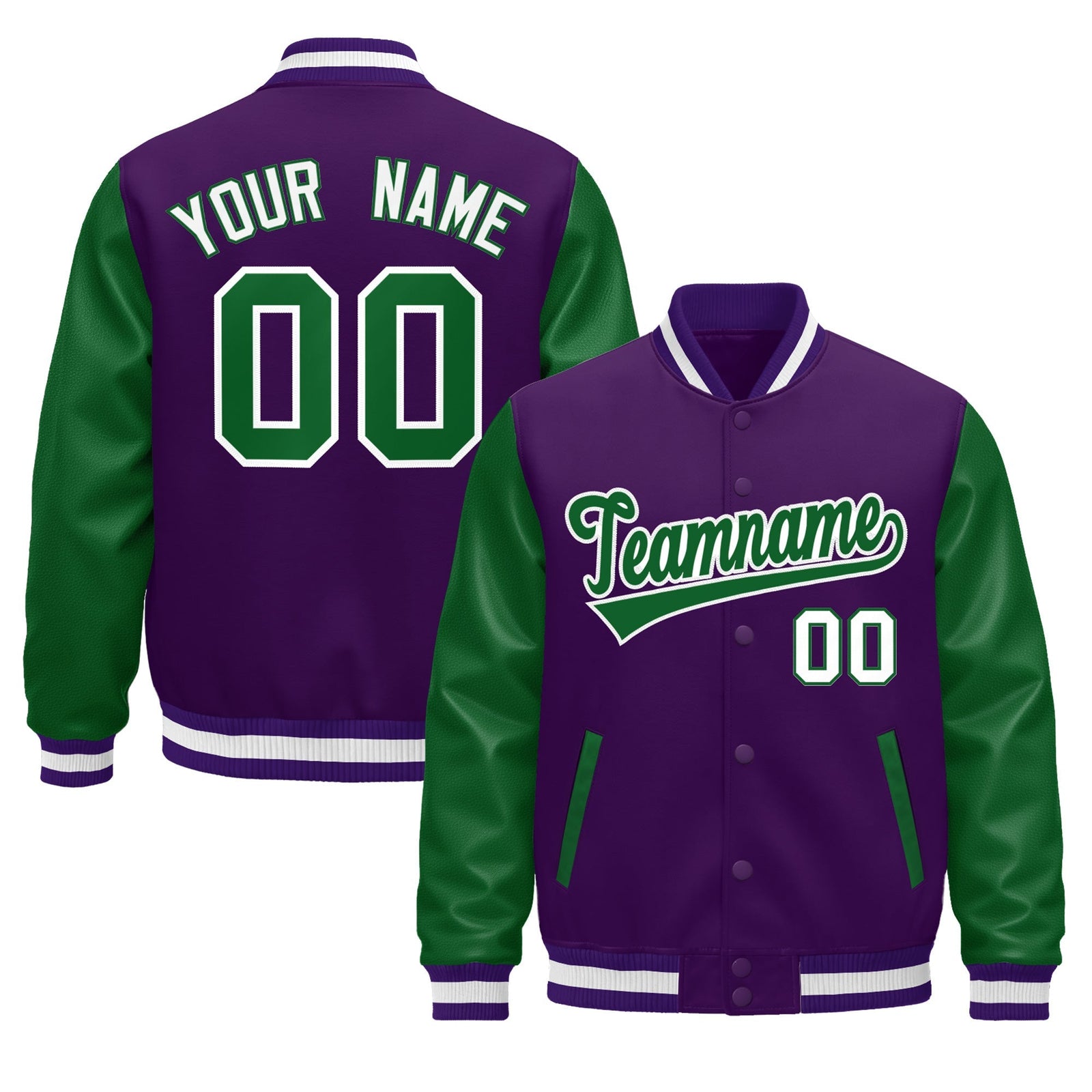 Custom Purple Kelly Green White Raglan Sleeves Varsity Full-Snap Leather Sleeves Letterman Jacket| KXKSHOP