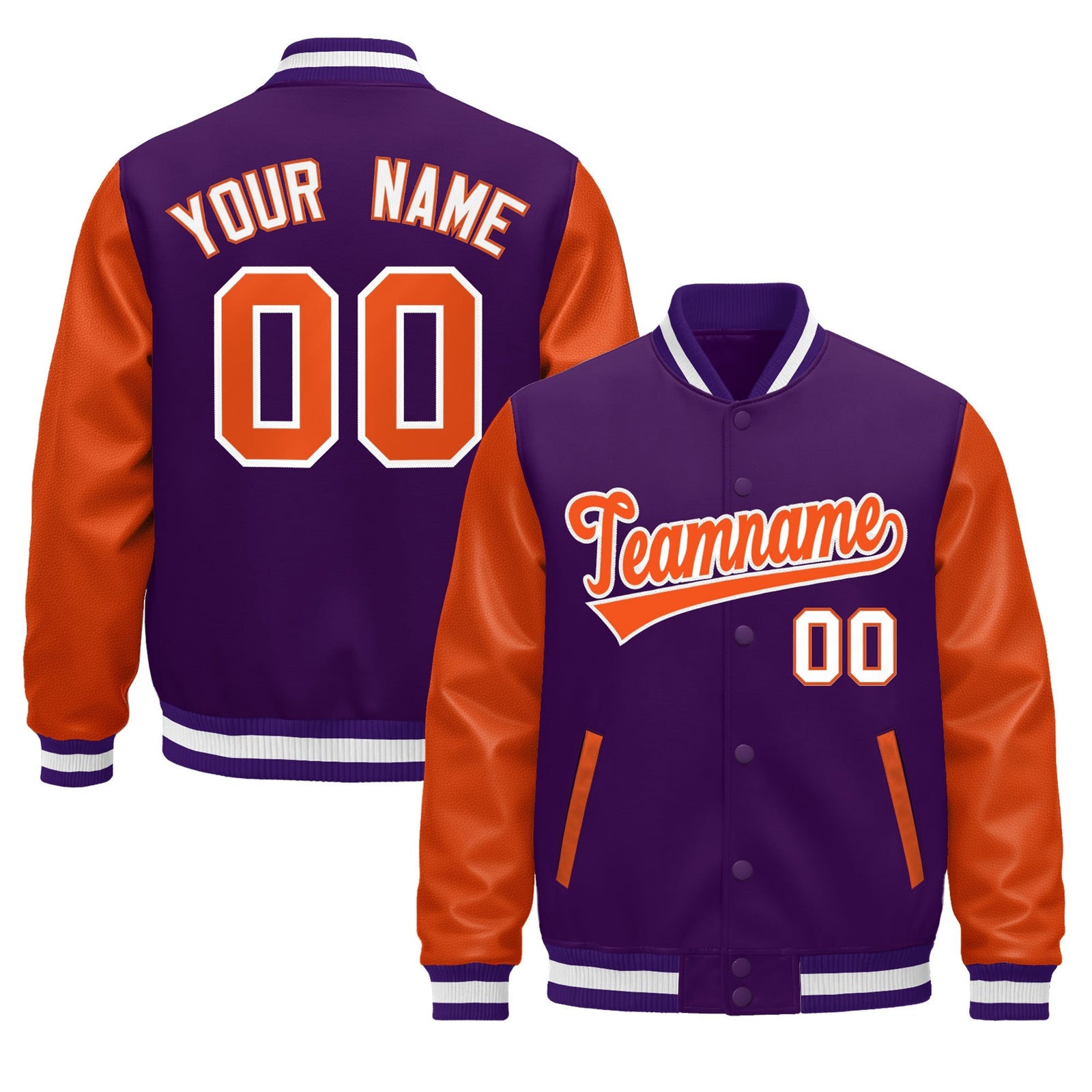Custom Purple Orange White Raglan Sleeves Varsity Full-Snap Leather Sleeves Letterman Jacket| KXKSHOP